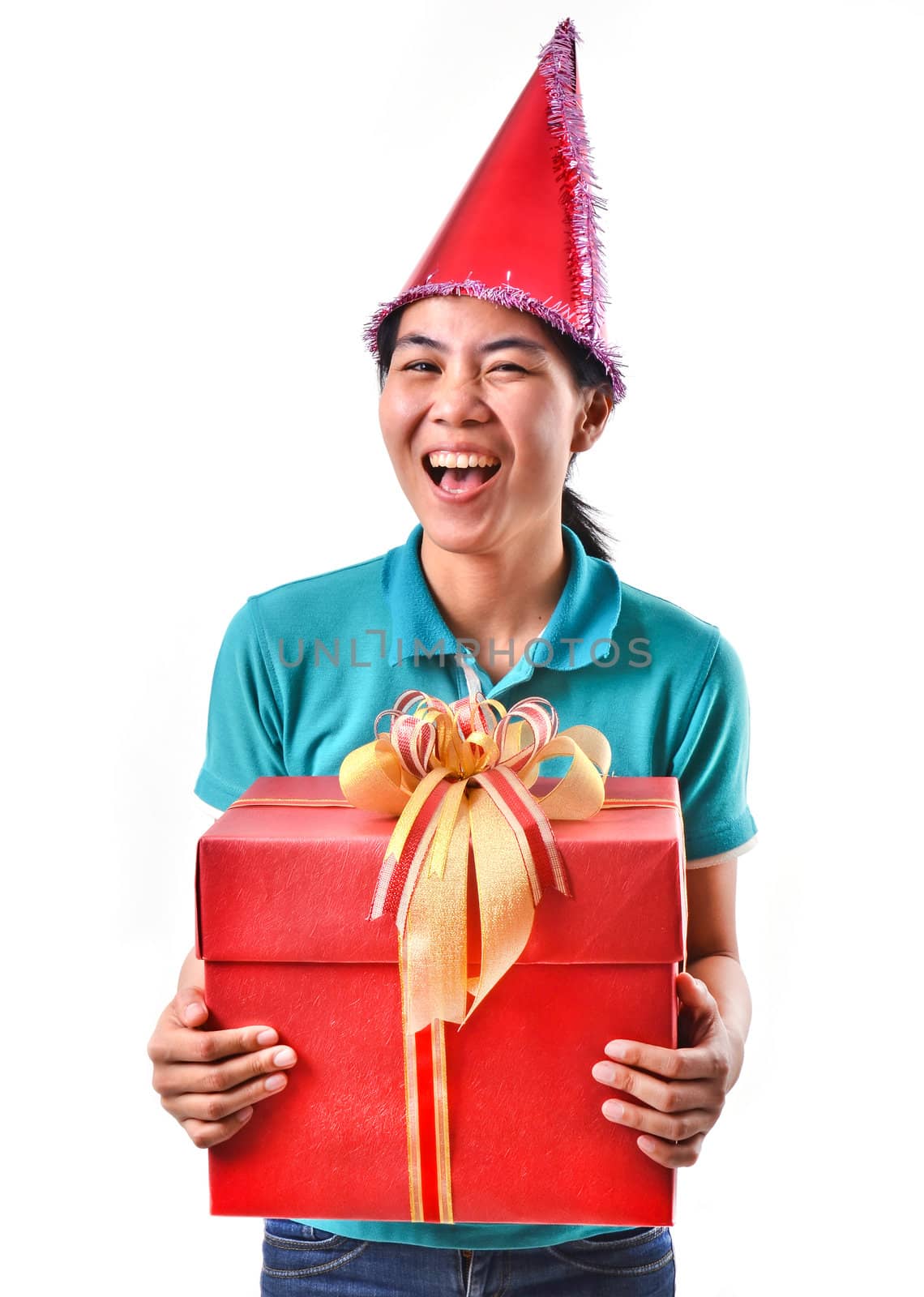 woman smile and hold gift box in hands Isolated on white background