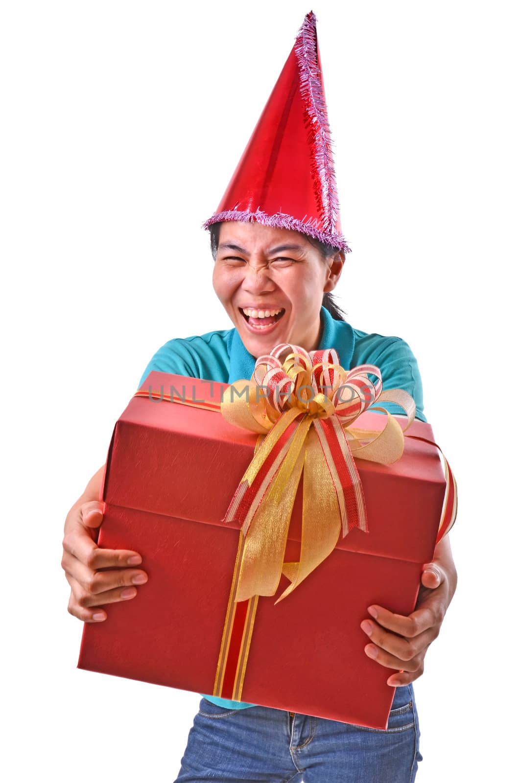 woman smile and hold gift box in hands Isolated on white background