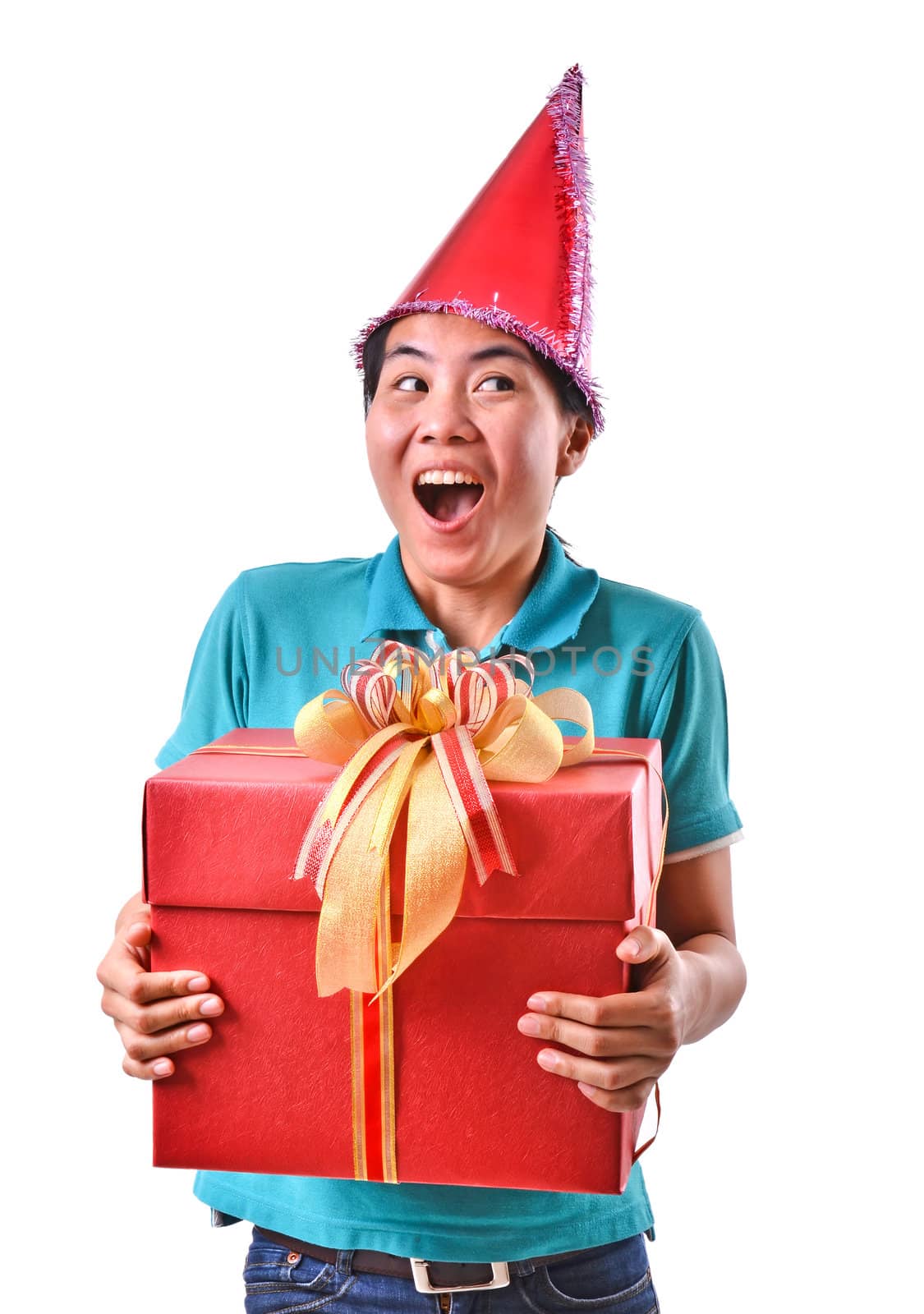 woman smile and hold gift box in hands Isolated on white background