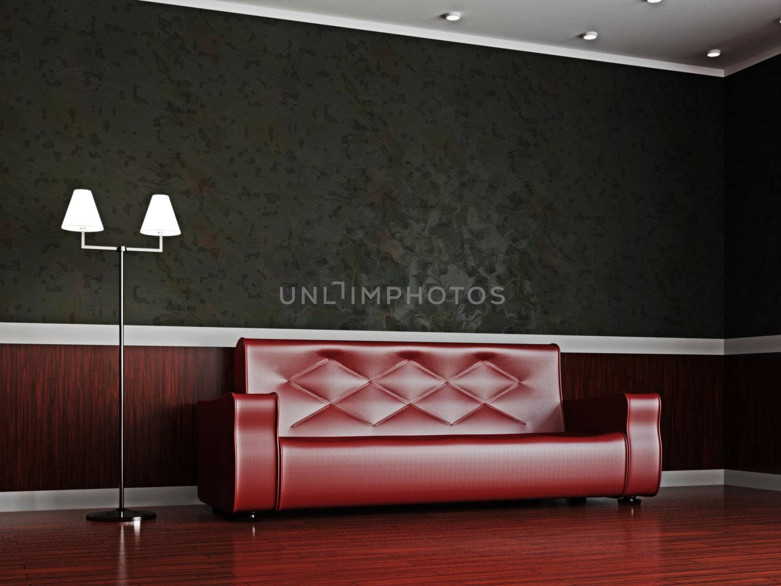 A room interior with a red leather sofa