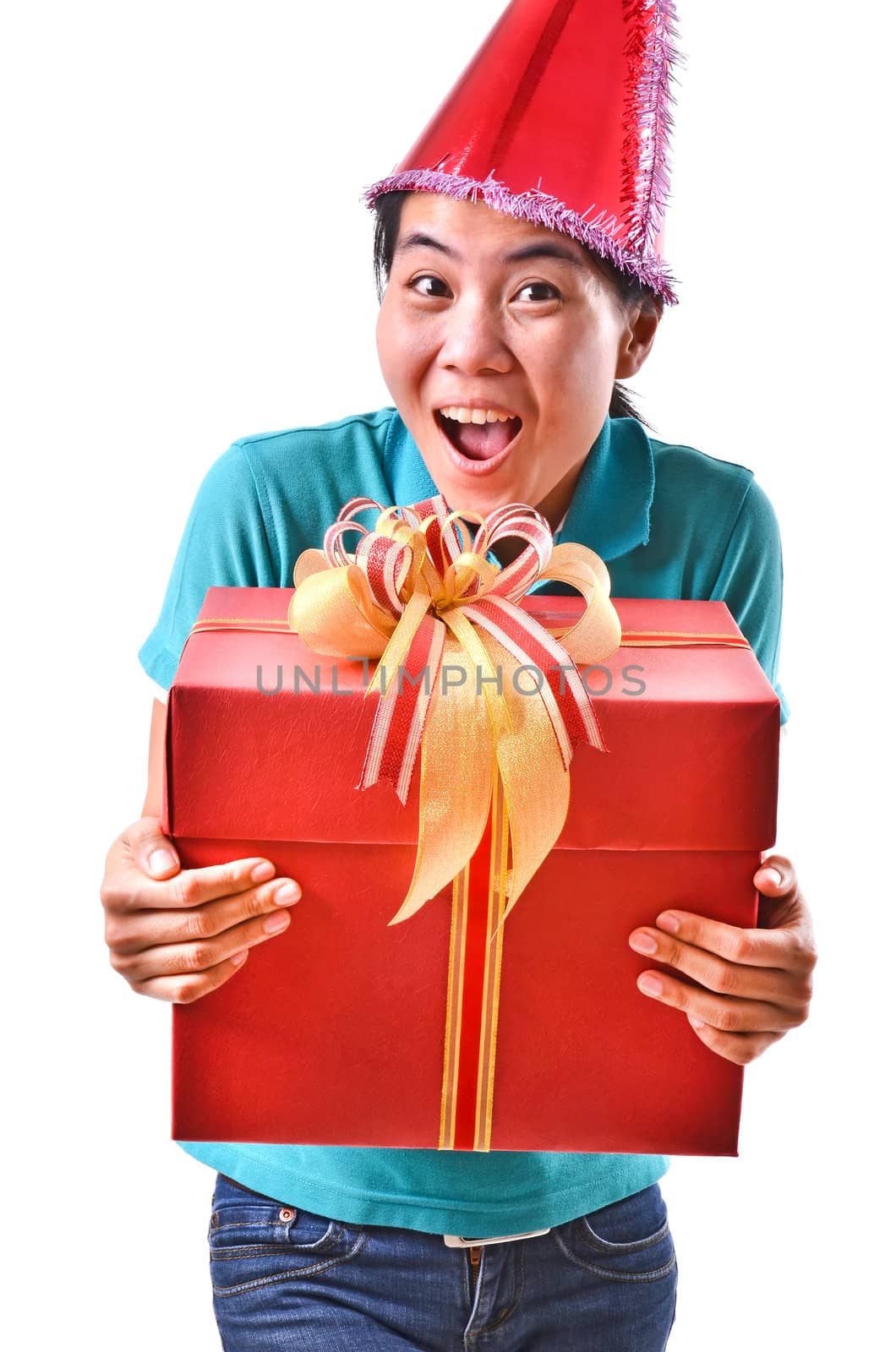 woman smile and hold gift box in hands Isolated on white background