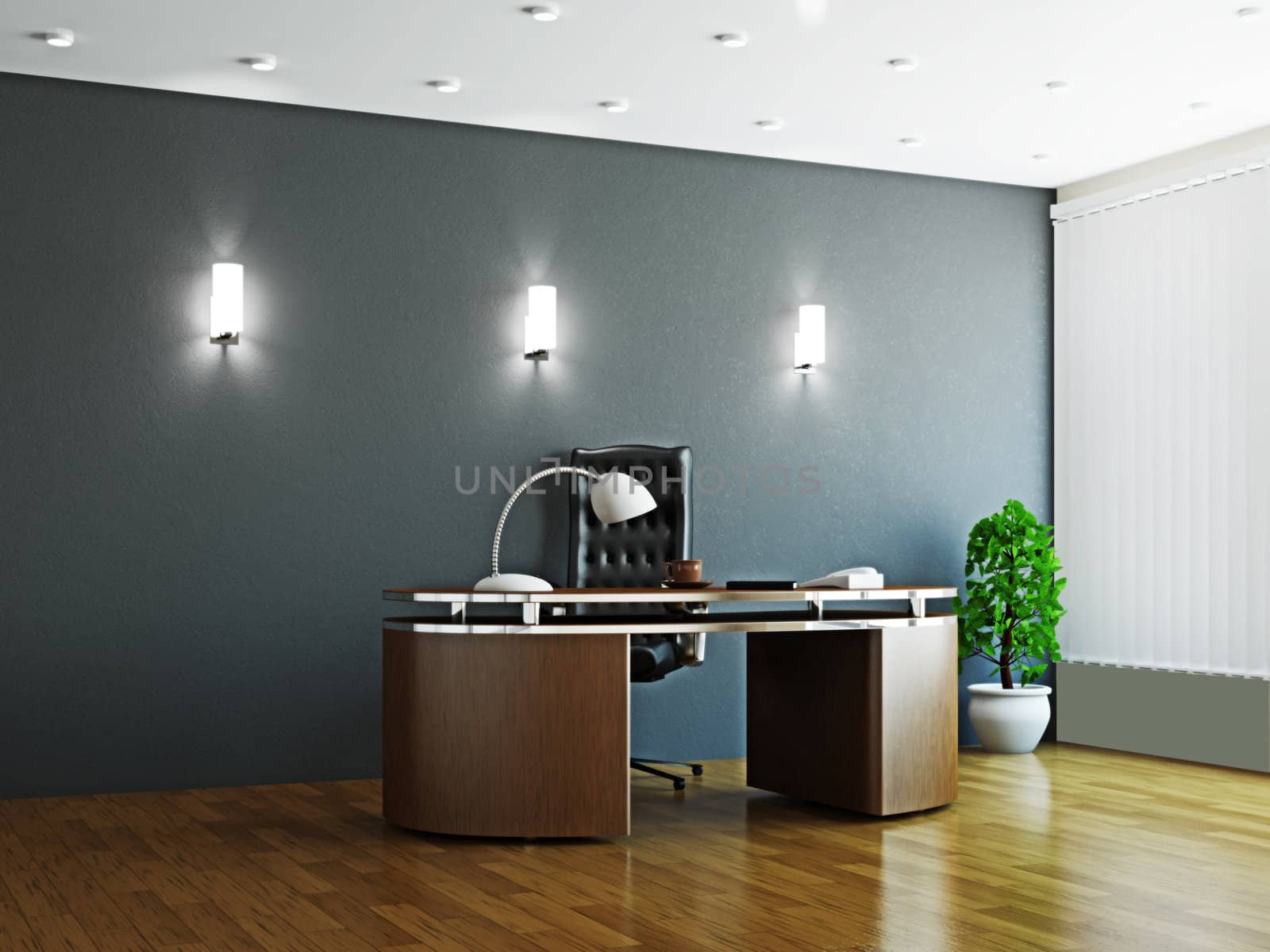 Large office with wooden furniture and window