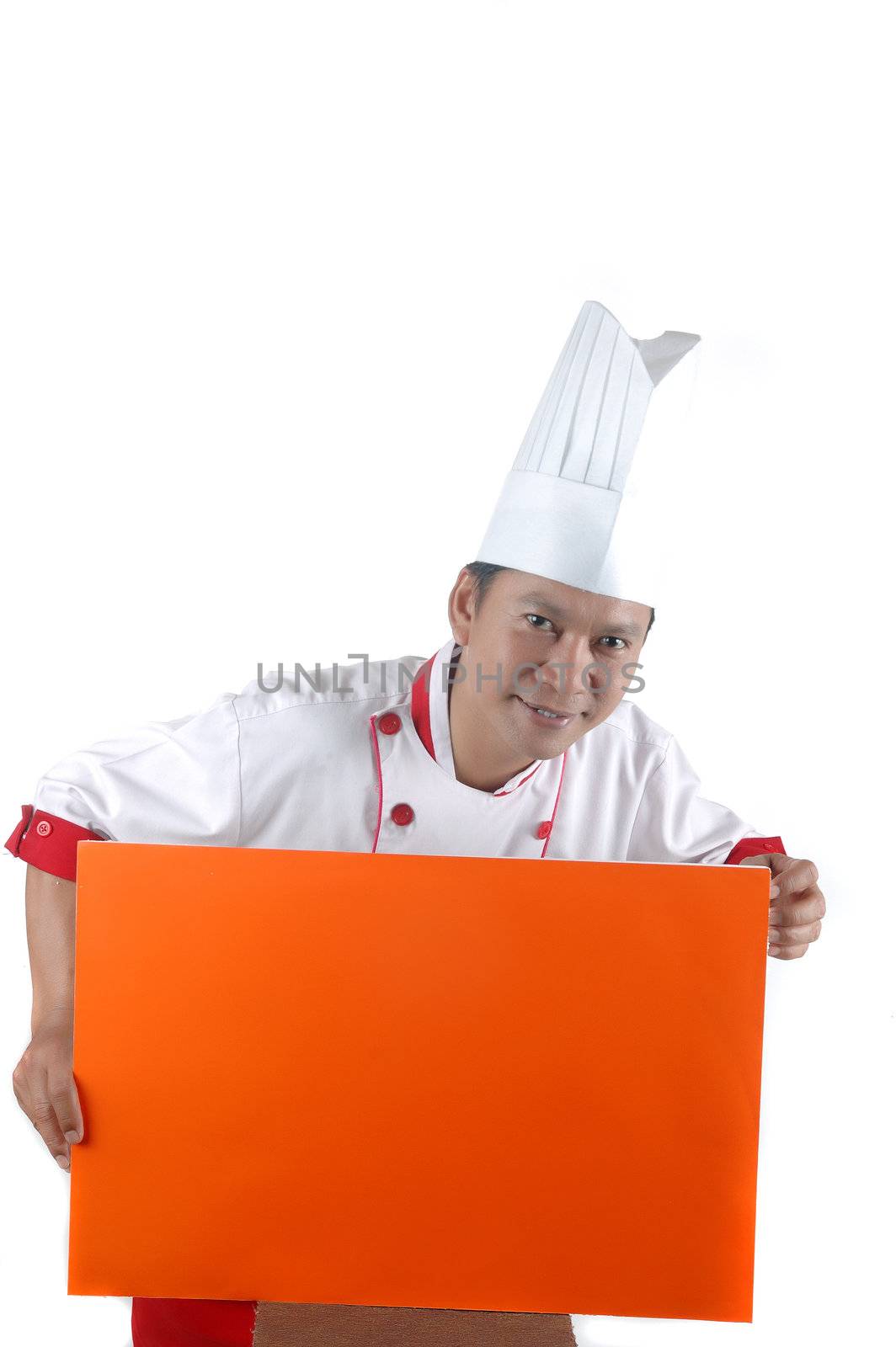 chef hold orange blank space isolated on white background