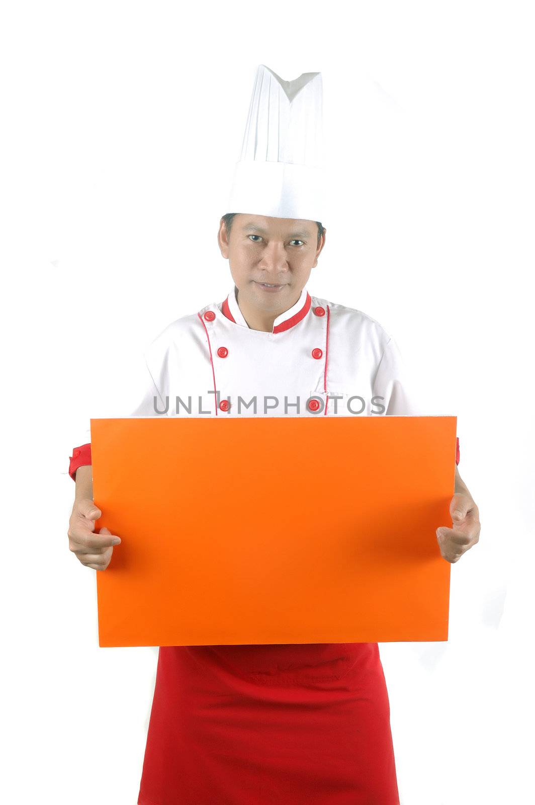chef hold orange blank space  by antonihalim
