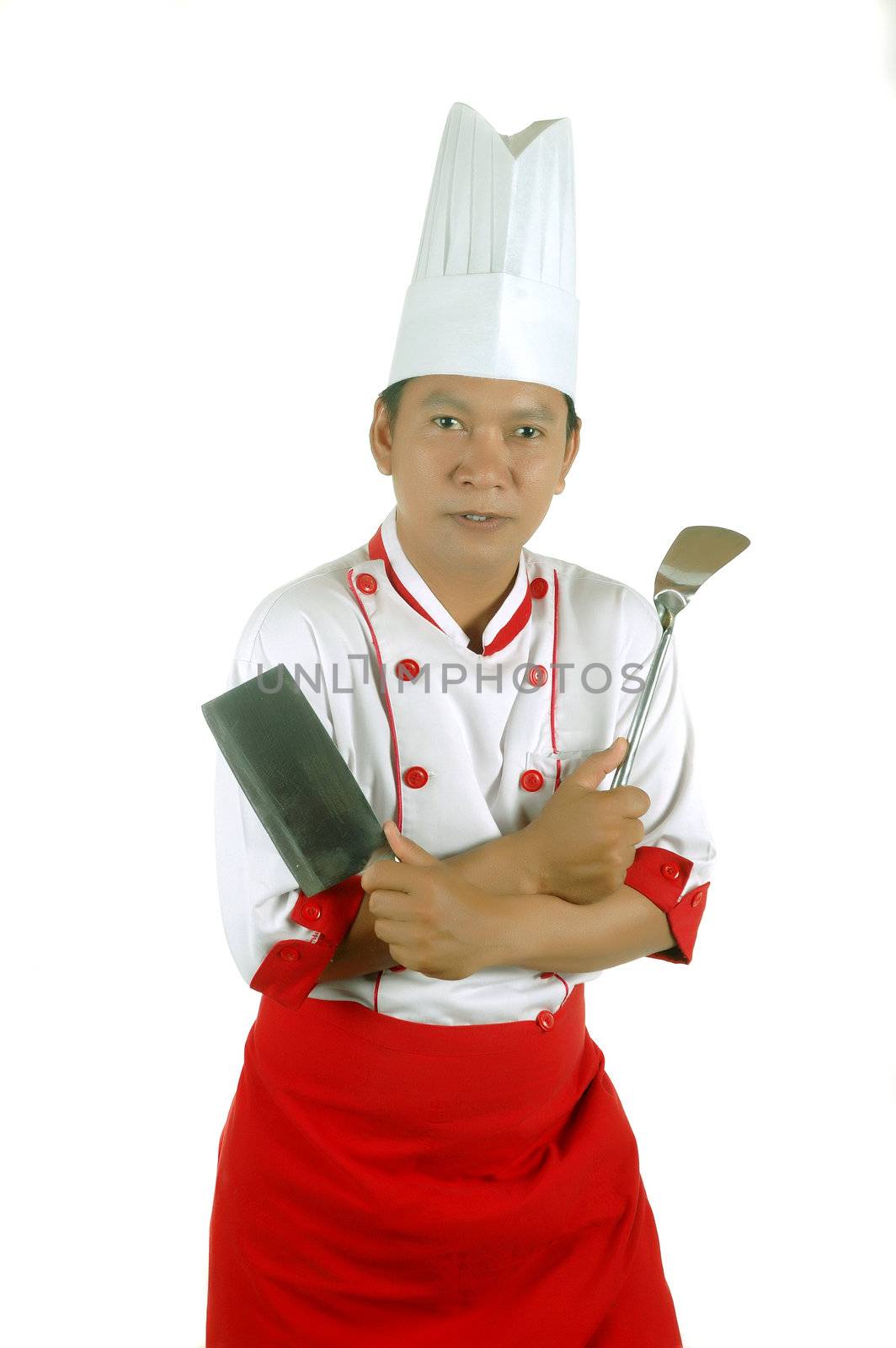 chef holding cooking utensils  by antonihalim