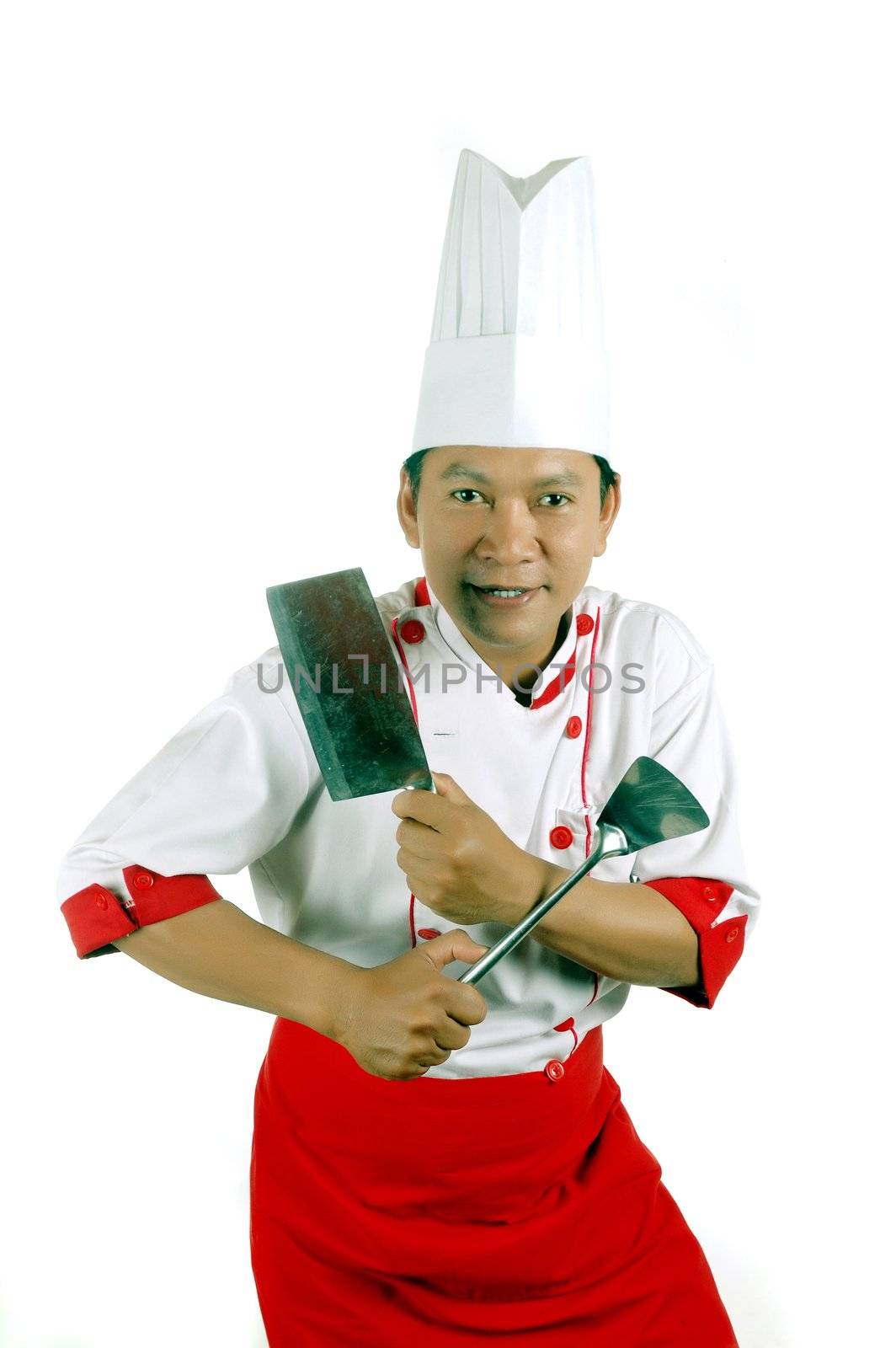 chef holding cooking utensils and kitchen knife by antonihalim