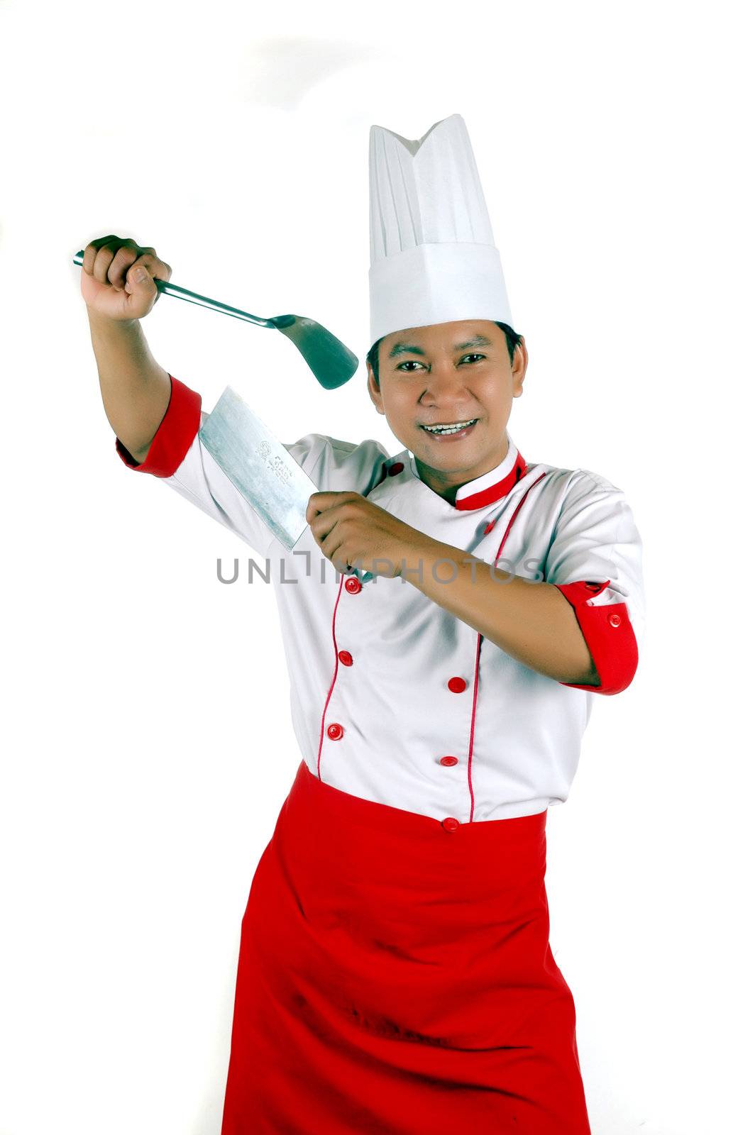 chef holding cooking utensils and kitchen knife by antonihalim