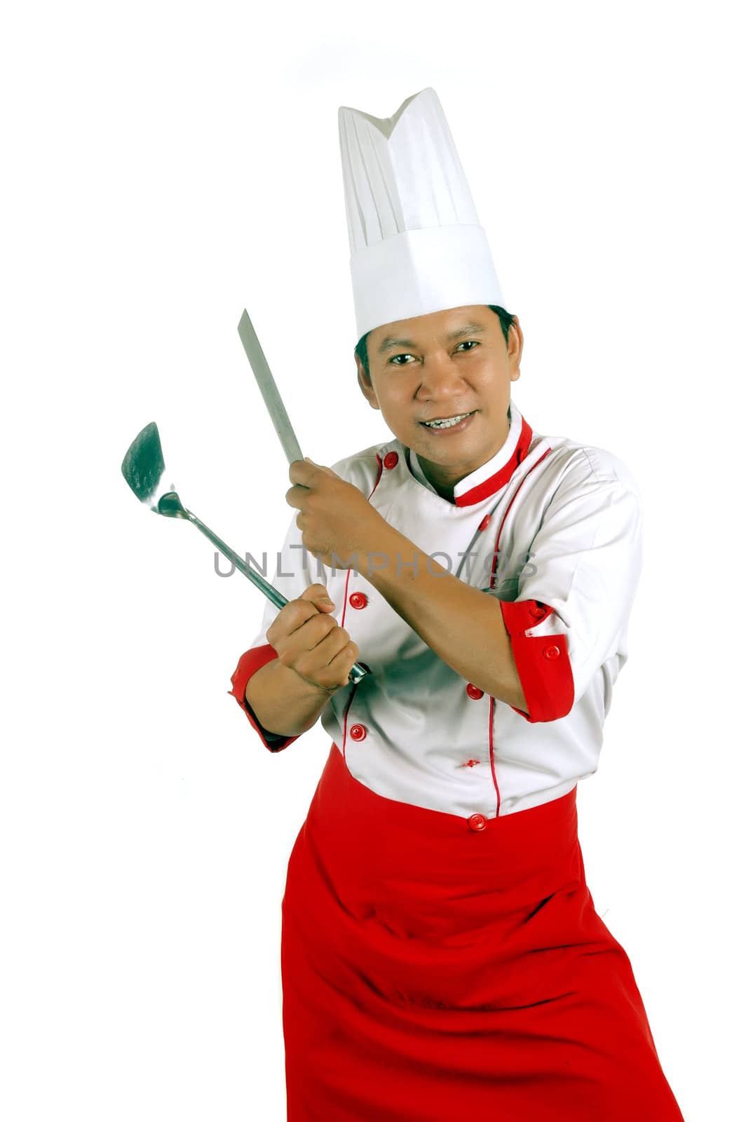 chef holding cooking utensils and kitchen knife  by antonihalim
