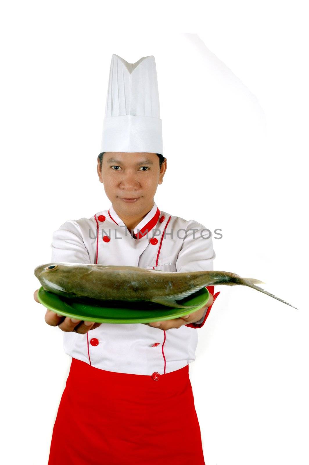 chef present raw fish on a green plate isolated on white background