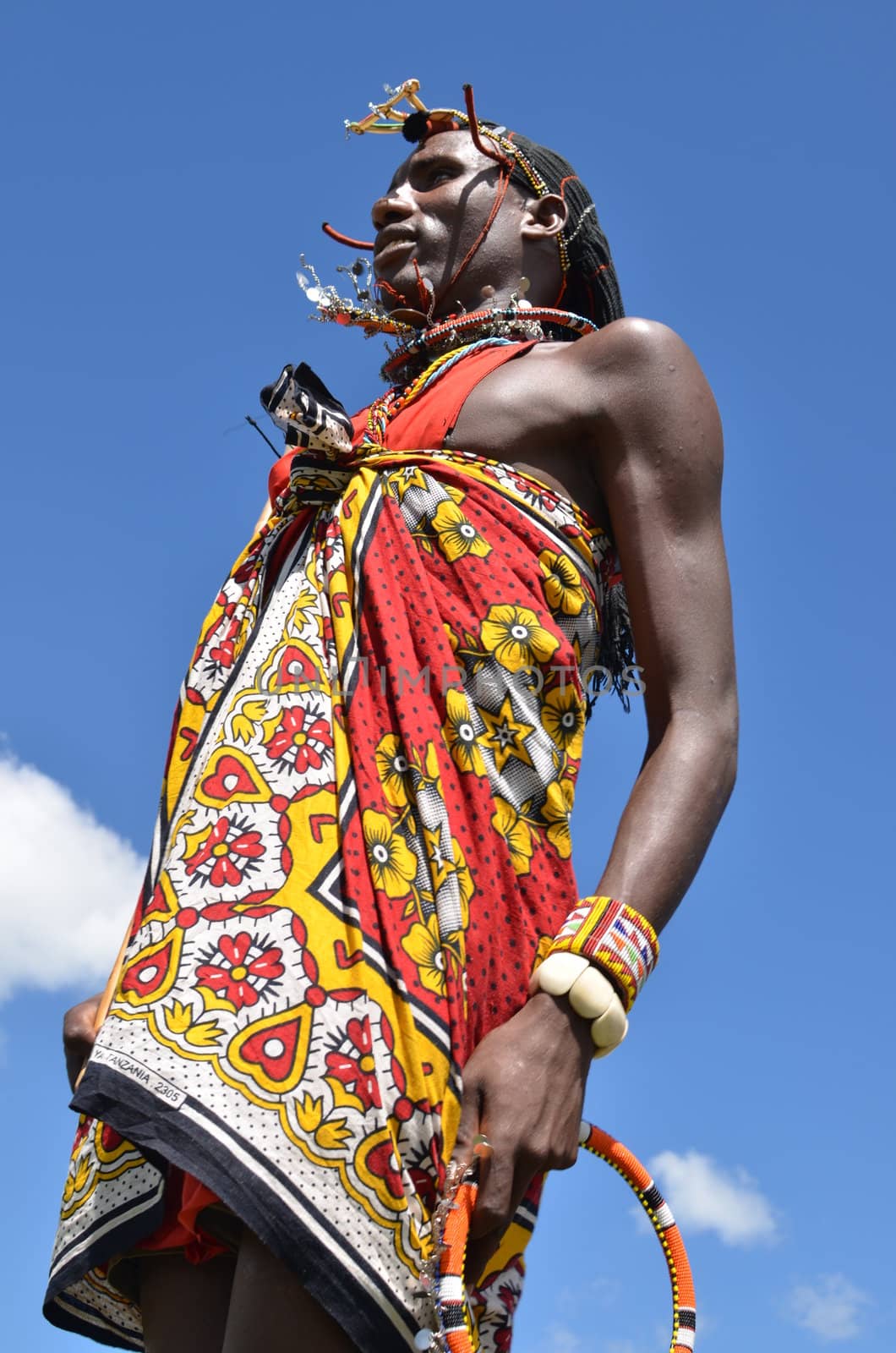 Village Masai Mara, Kenya - October 17, 2011: A yuong Masai welcomes tourists with the traditional jumping ceremony .