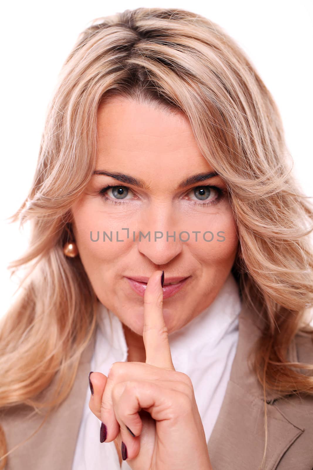 Closeup of mature woman quiet gesture on a white background