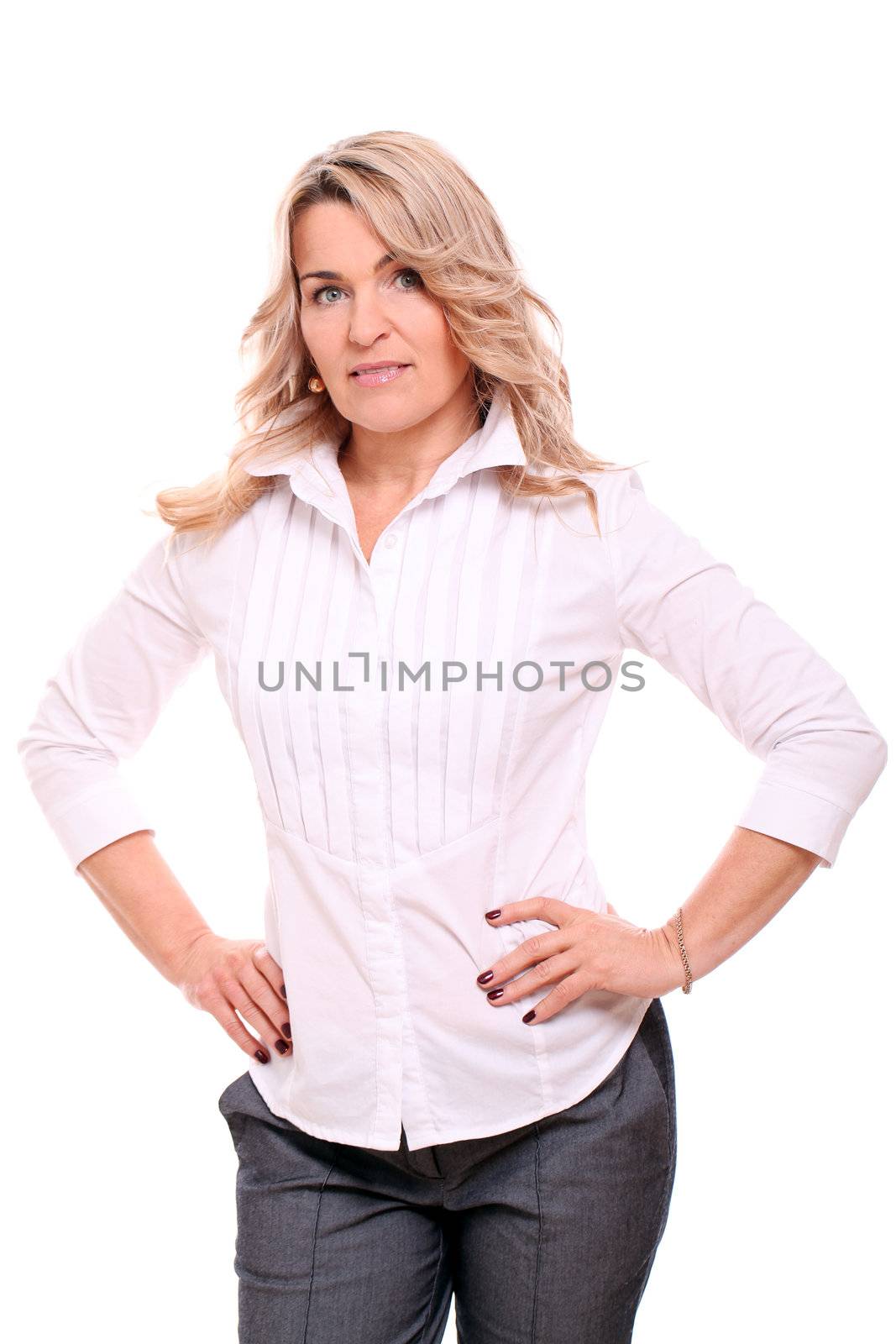 Portrait of 40 years old woman in office suit isolated on a white