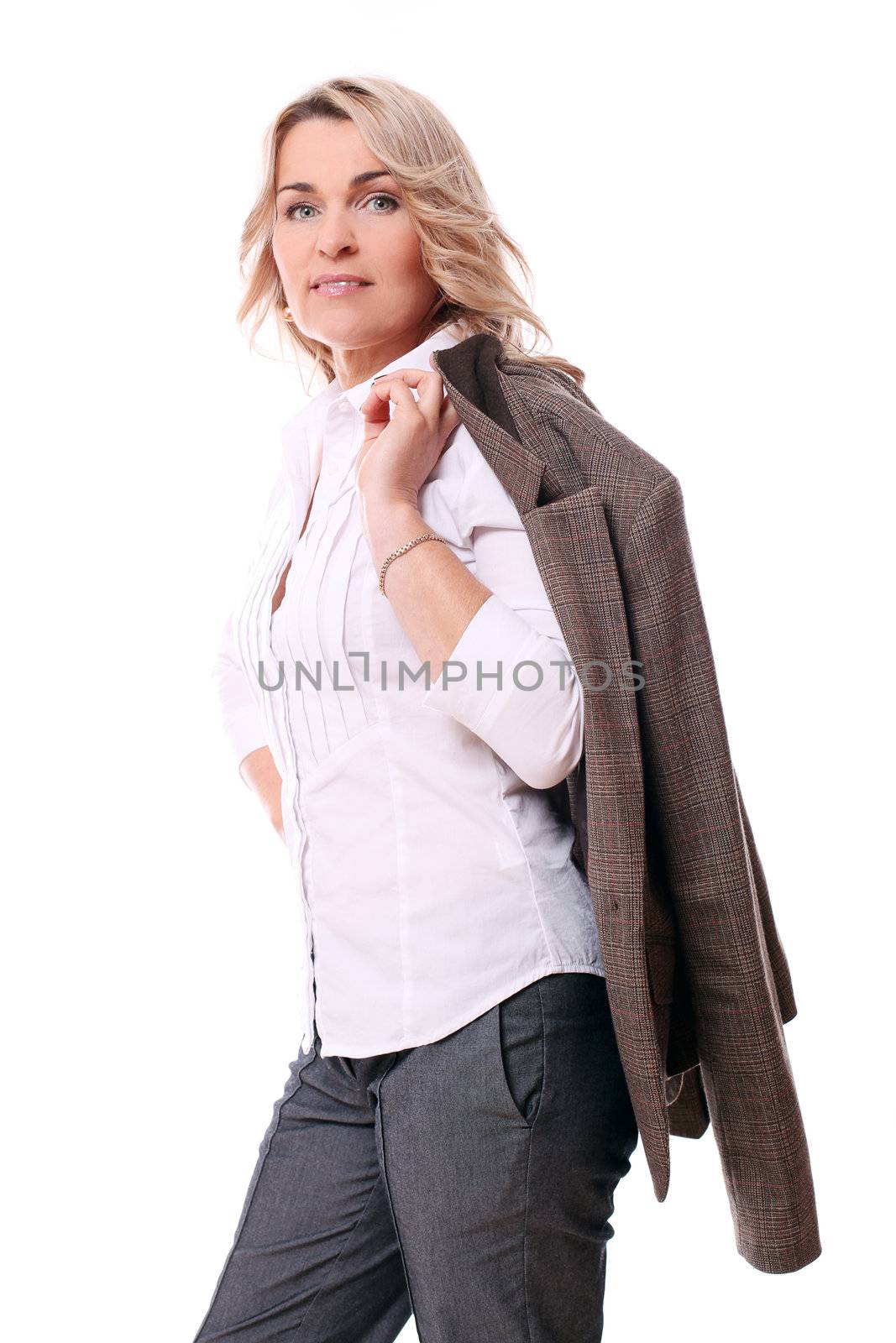 Portrait of 40 years old woman in office suit isolated on a white