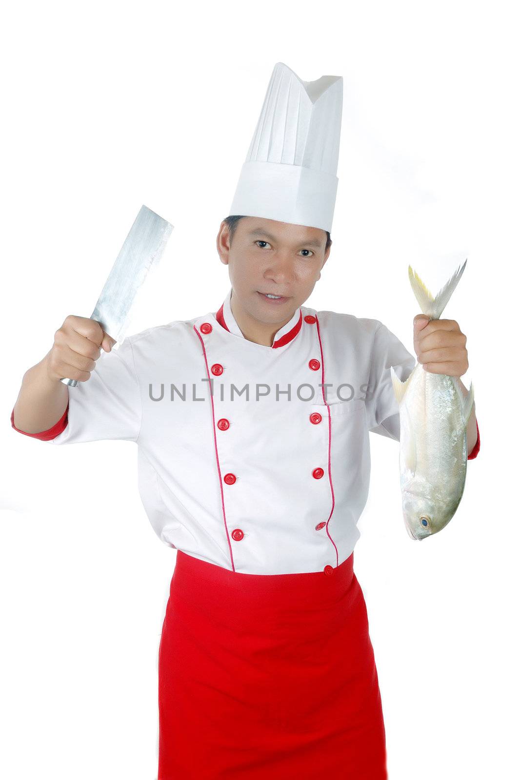 chef holding a big raw fish and kitchen knife by antonihalim