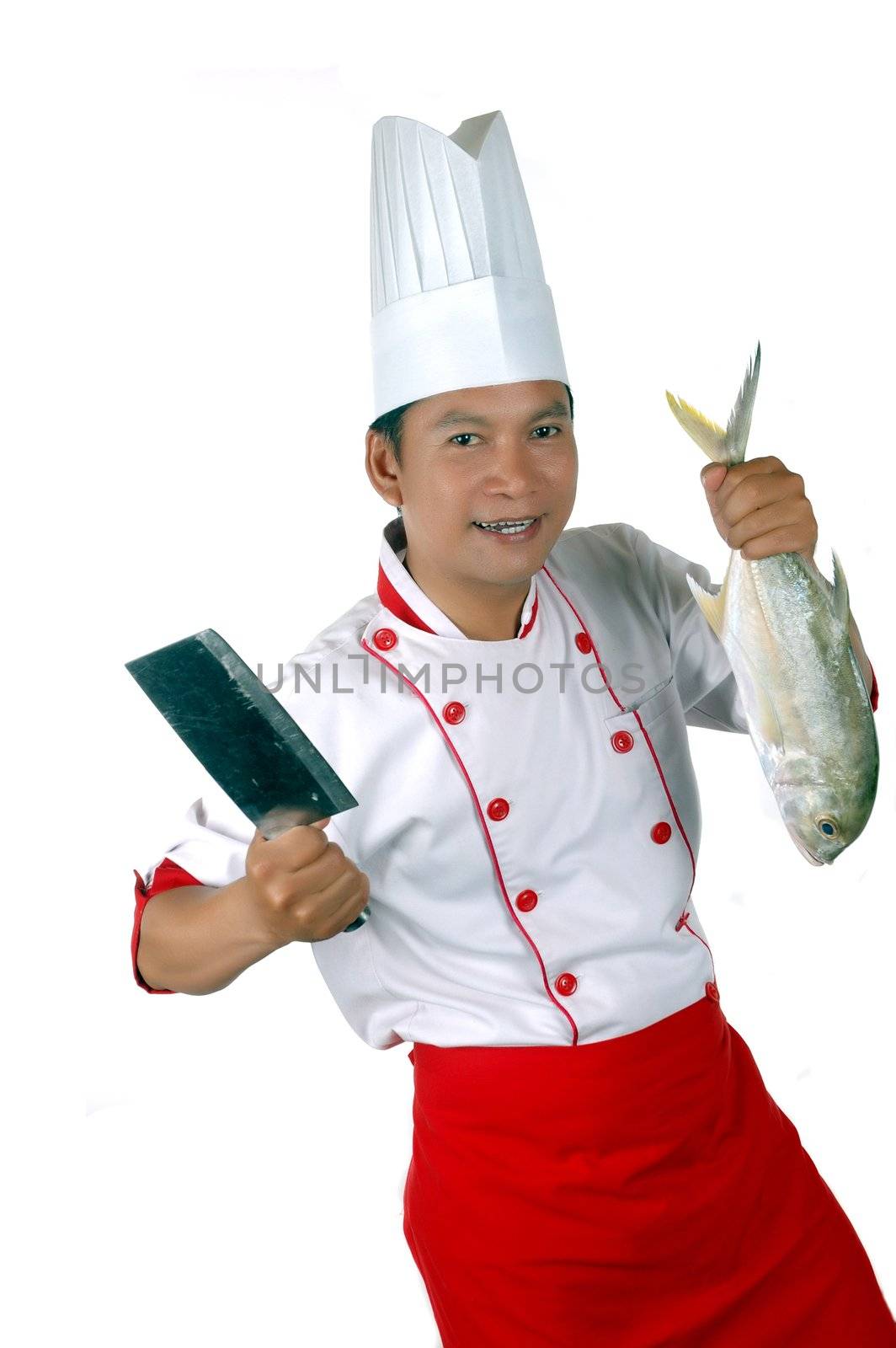 chef holding a big raw fish and kitchen knife isolated on white background