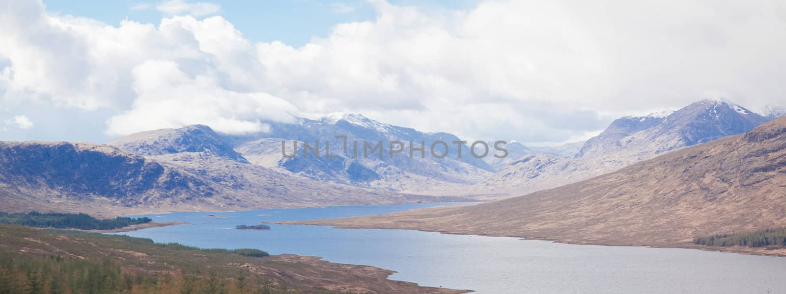 Panorama Snow Mountain range and lake Landscape at Scotland Highland area United Kingdom