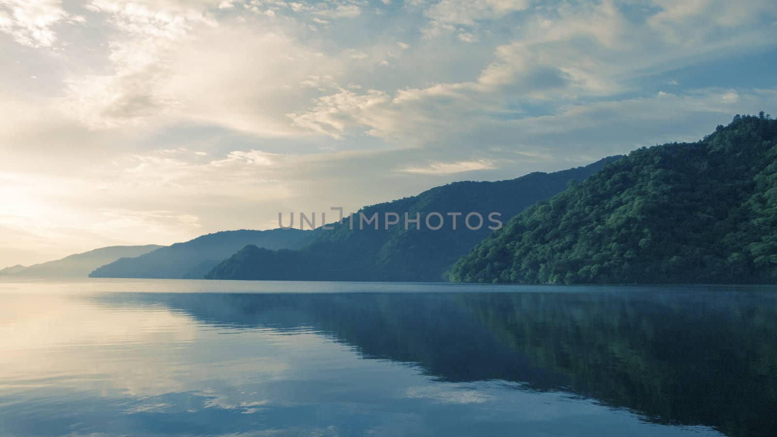scenic morning over japanese mountain lake