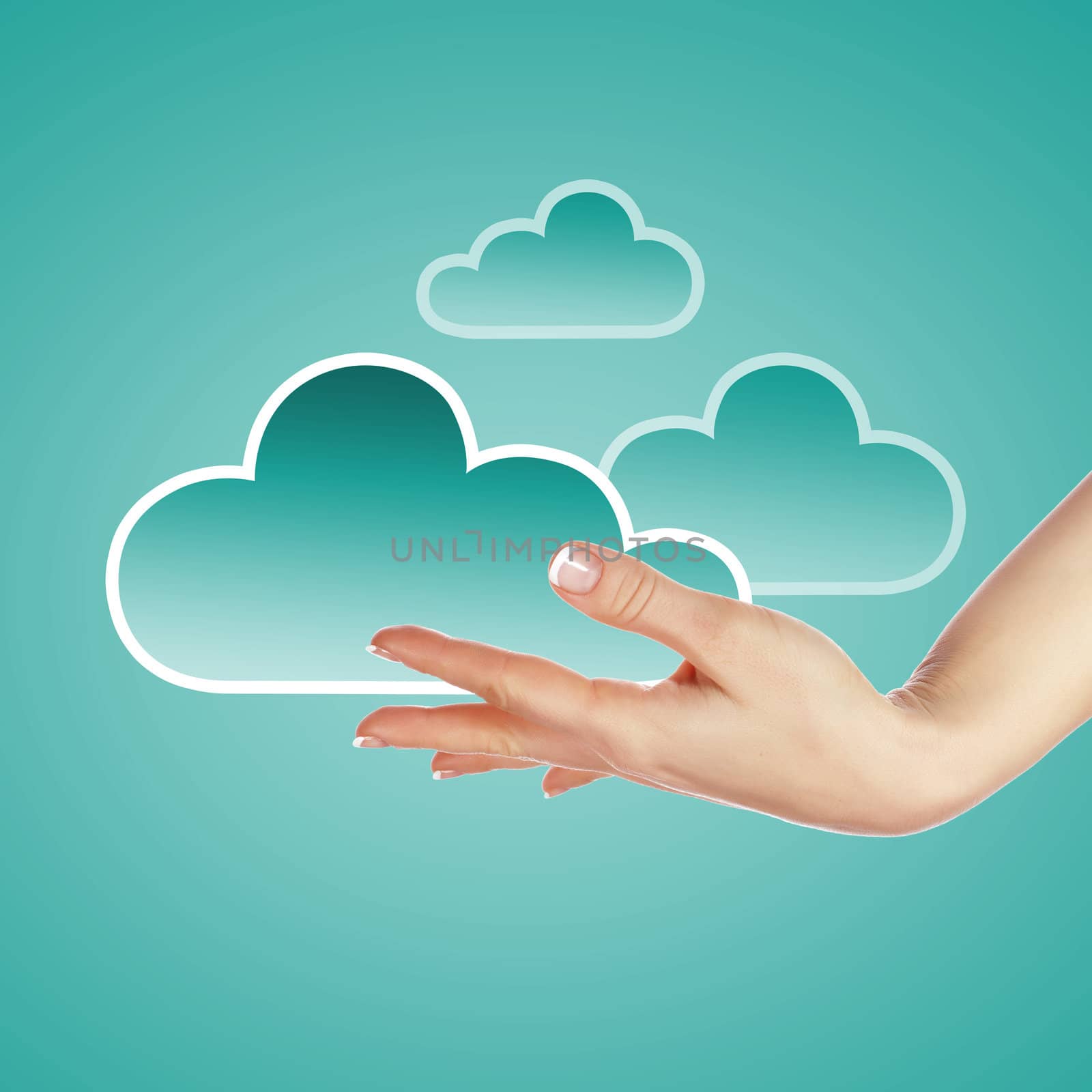 Hand with cloud computing symbol against colour background