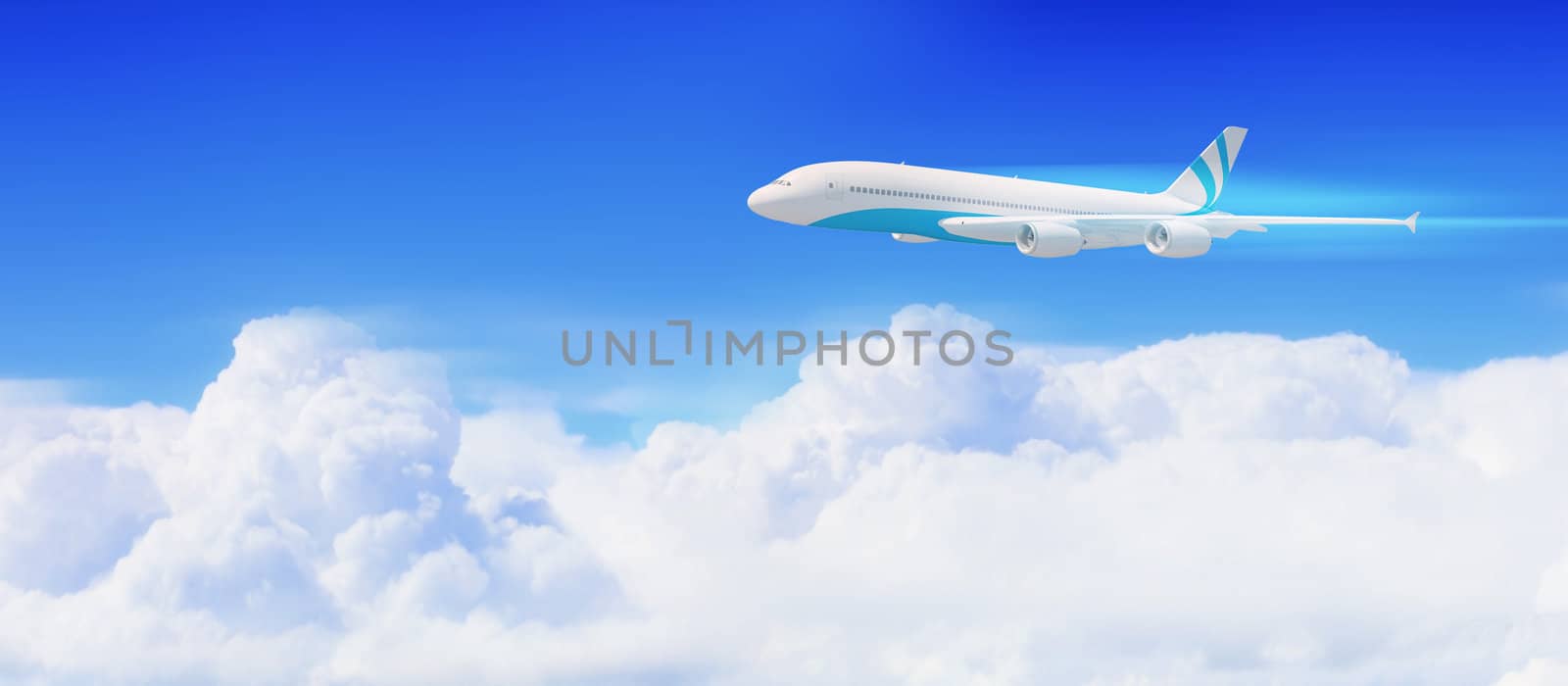 White passenger plane flying in the blue sky with white clouds around