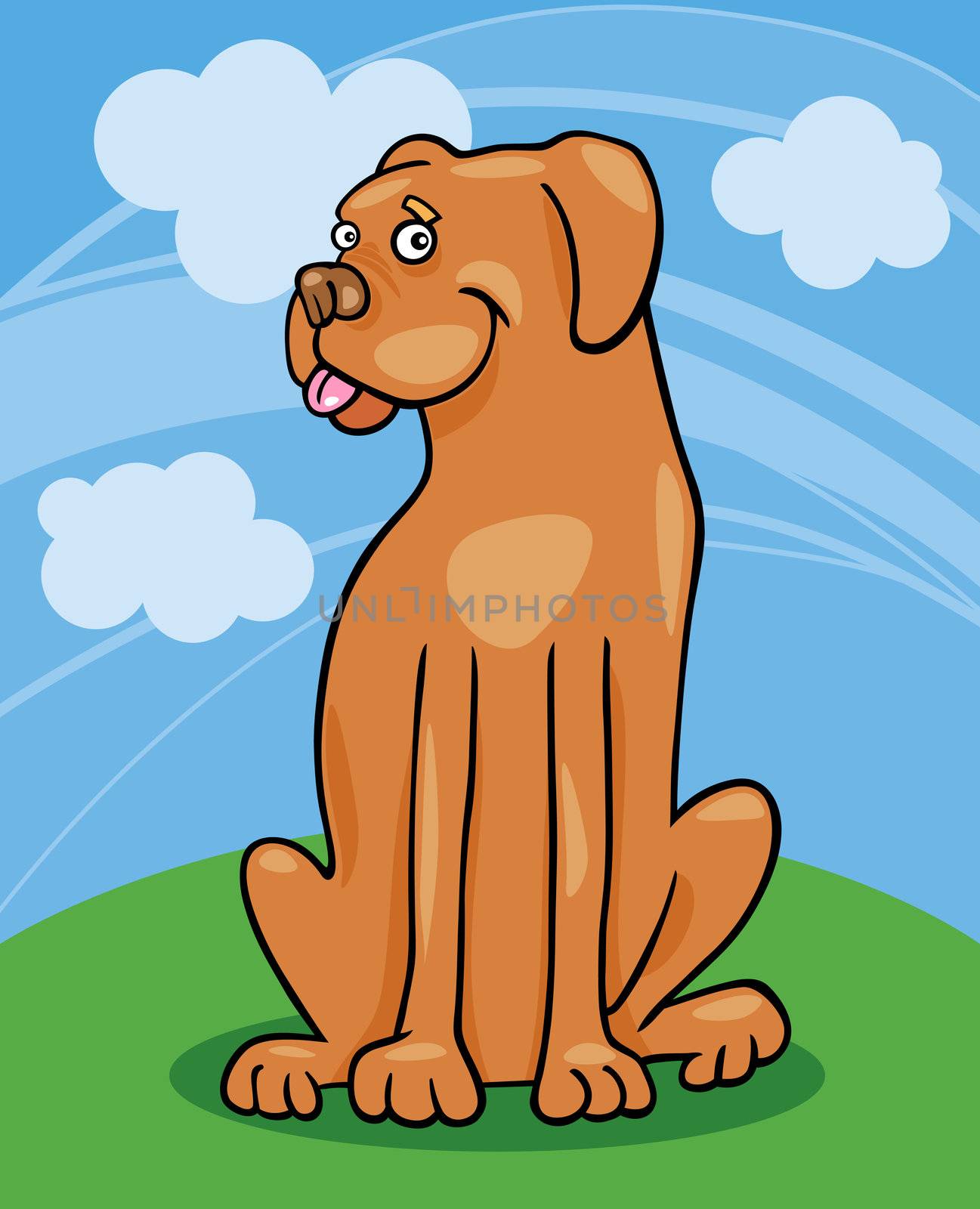 Cartoon Illustration of Funny Purebred Boxer or Bulldog Dog against Blue Sky with Clouds