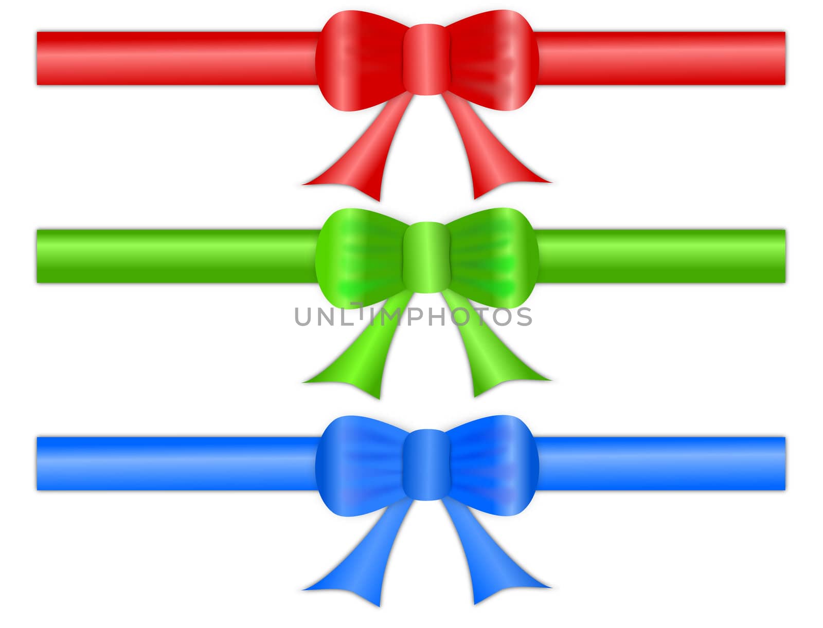 A set of three festive gift ribbon bows in shiny satin like material, for page headers and footers