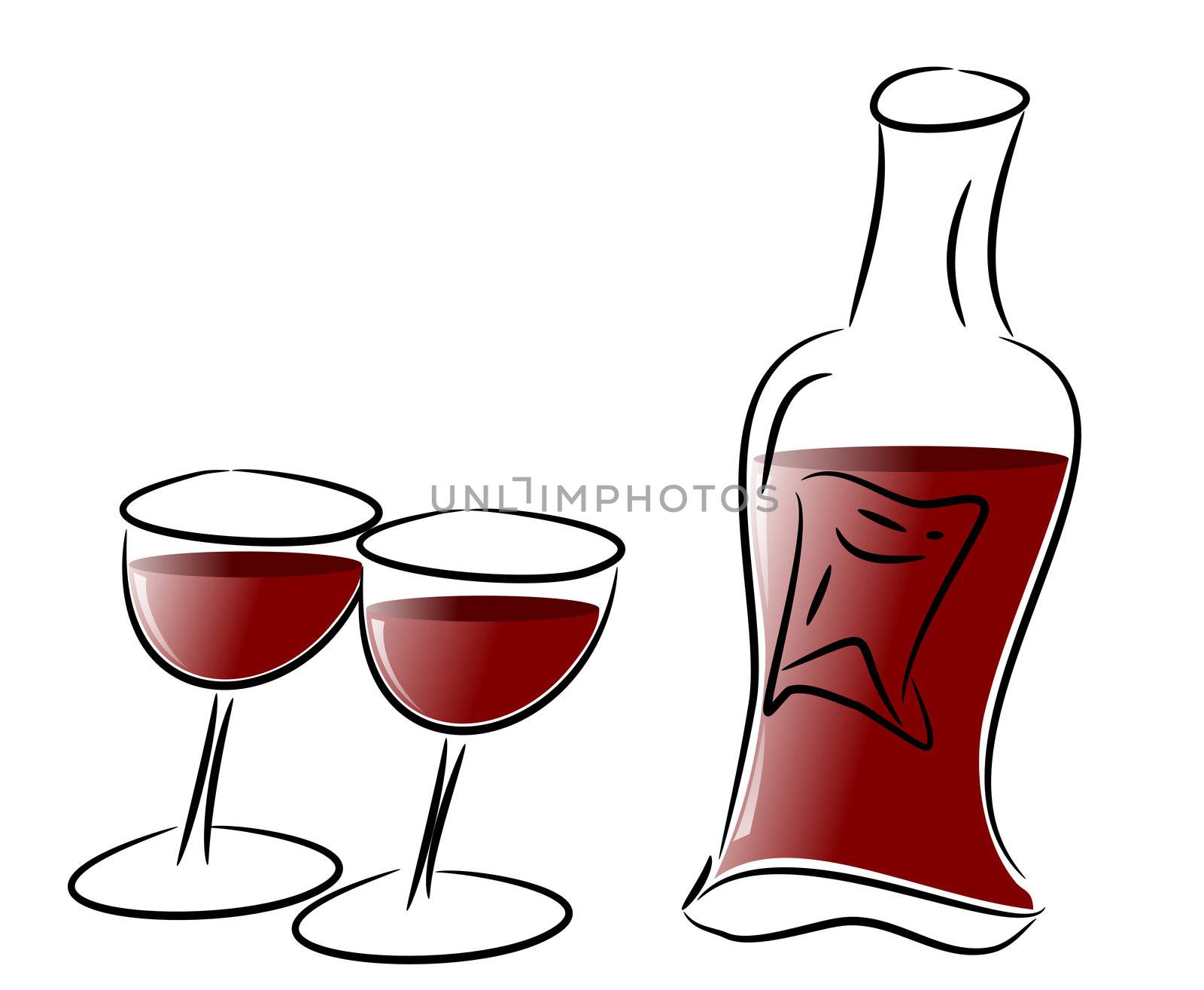 Free hand illustration of two wine glasses and a red wine bottle