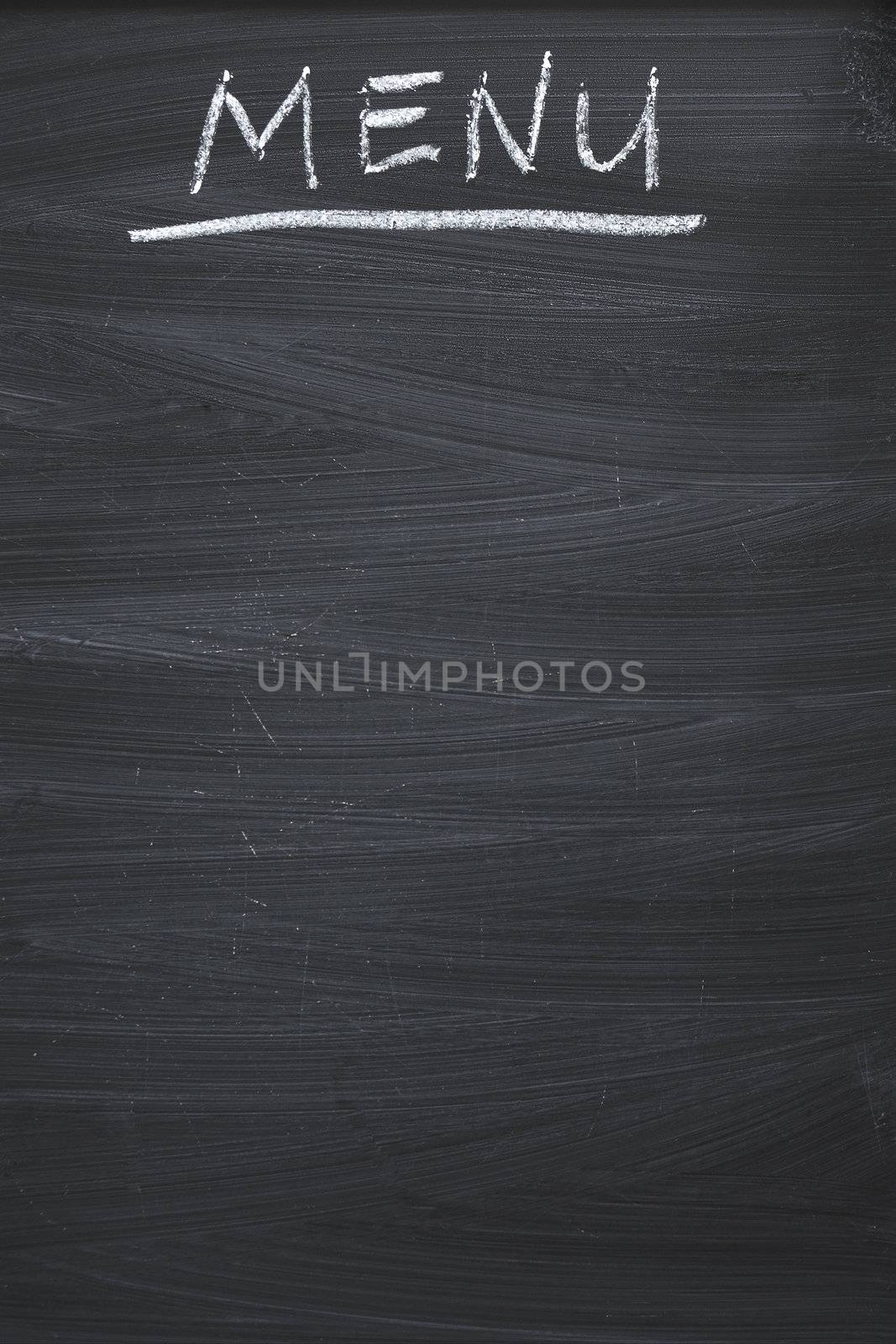 vertical black chalkboard with handwritten MENU word