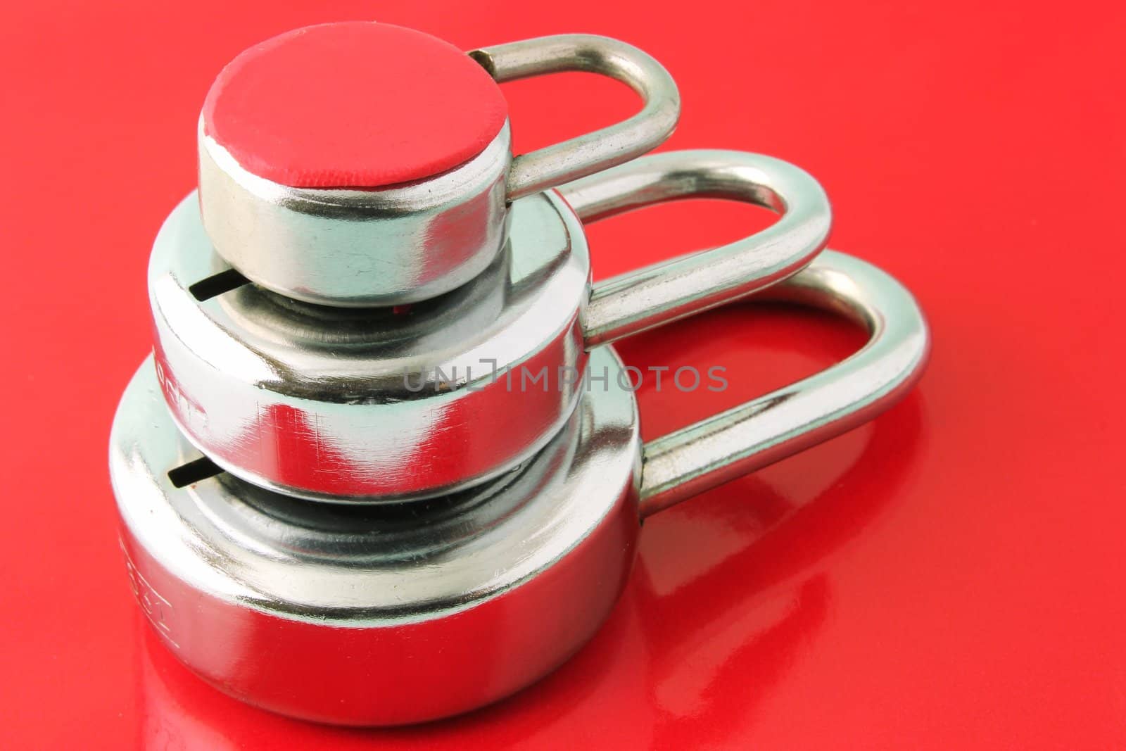 Three layers of security depicted with three padlocks on a red background