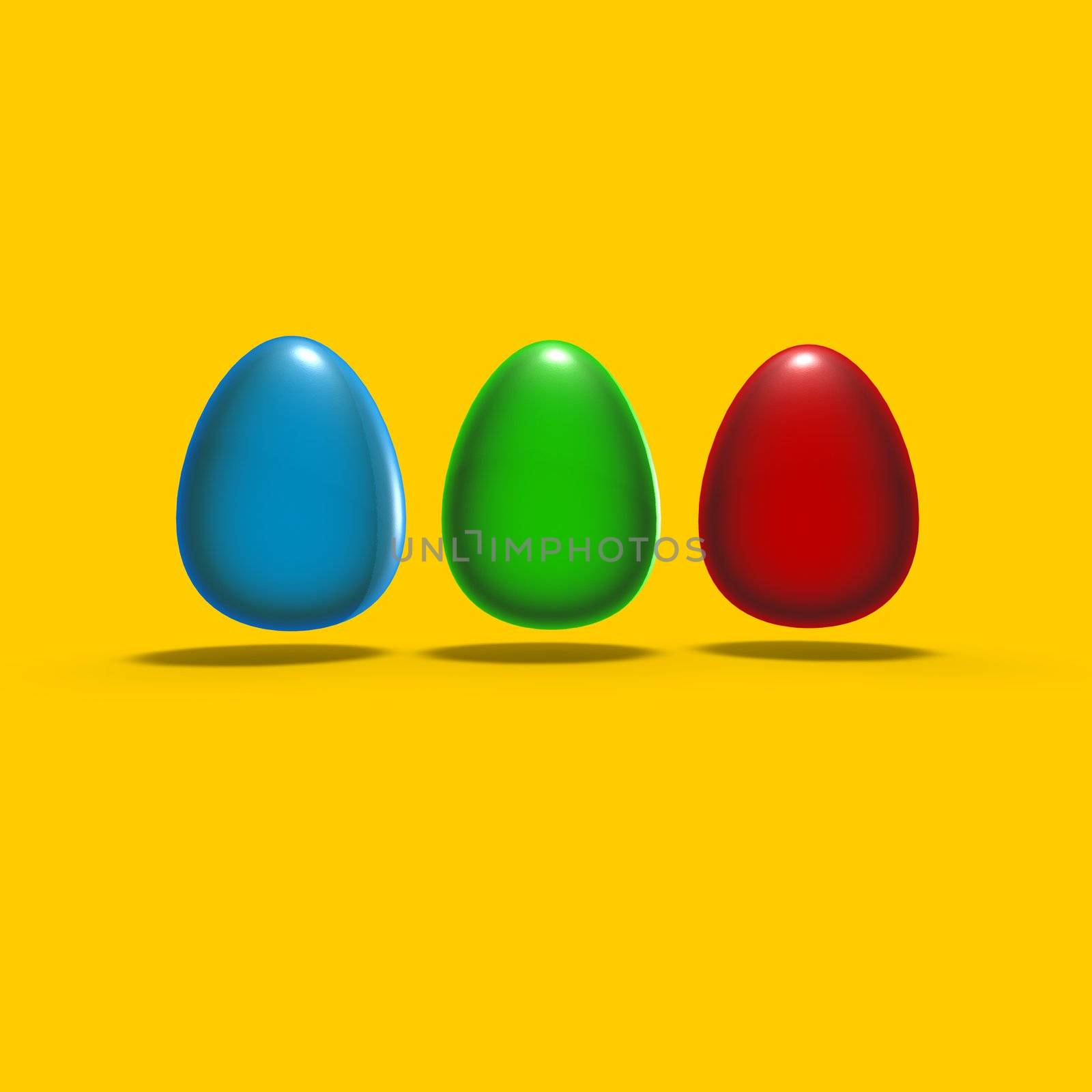 rgb easter eggs on yellow background - 3d illustration