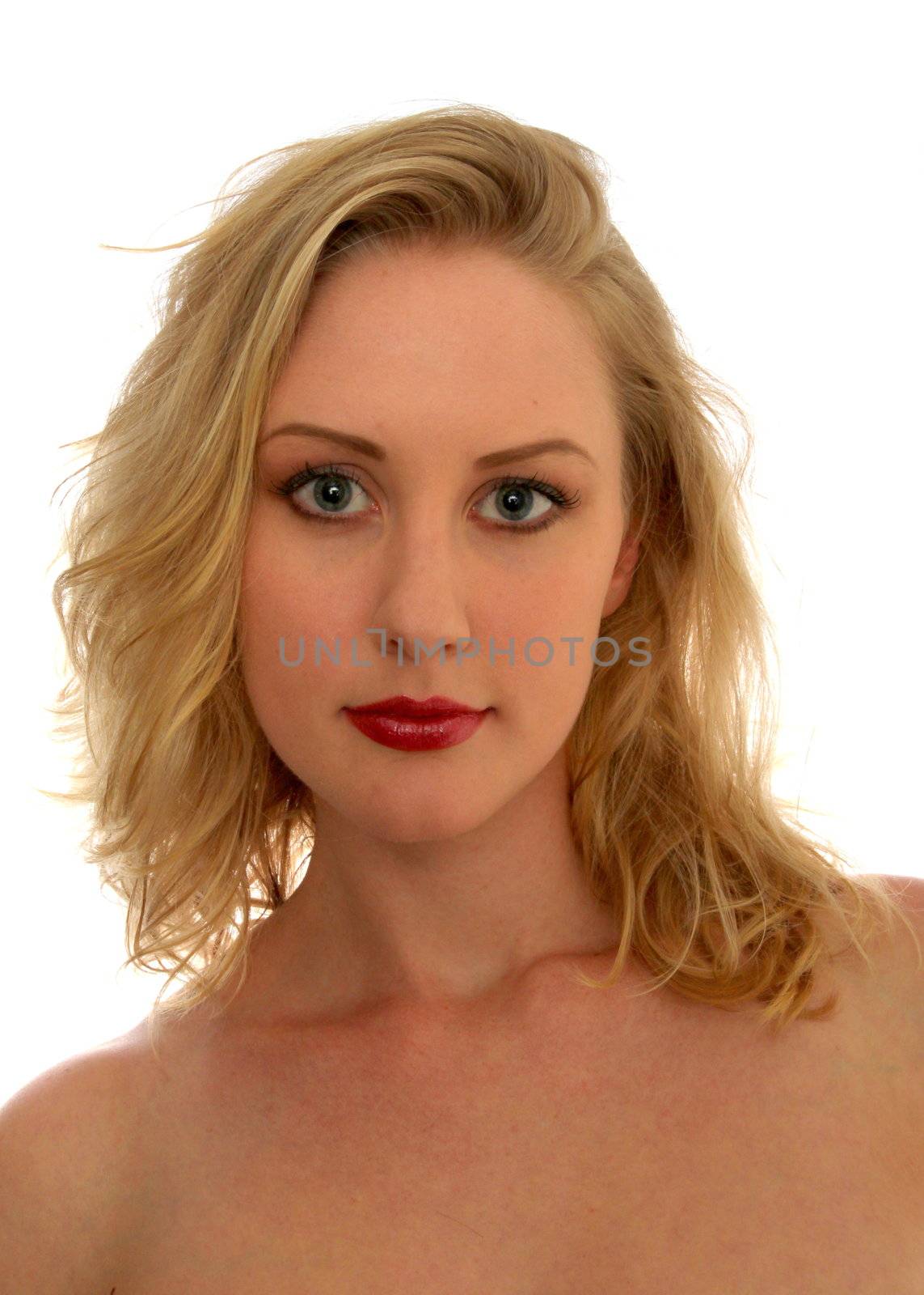 Portrait of a blond woman white background.