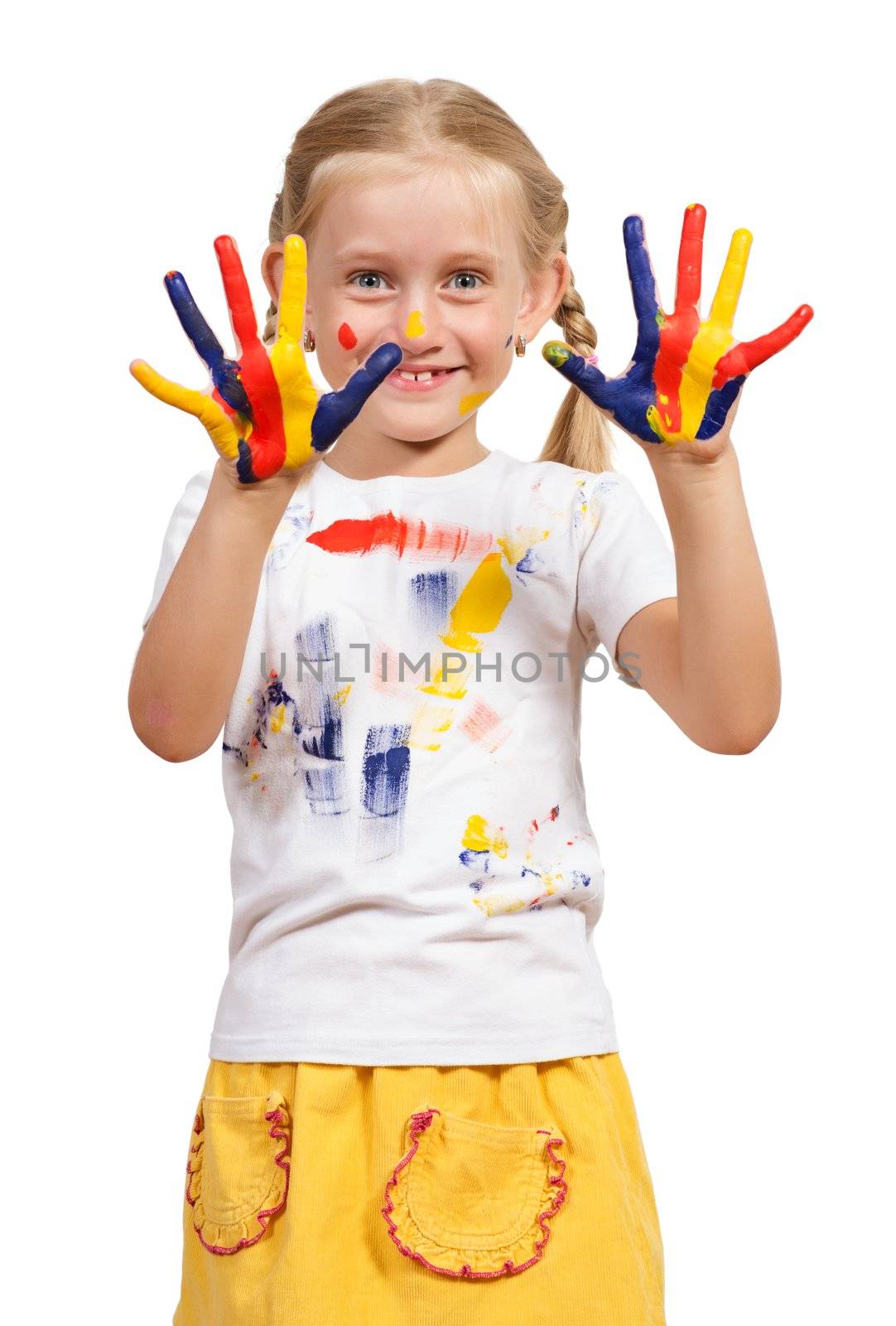 girl with painted hands, draw hands, isolated on white background