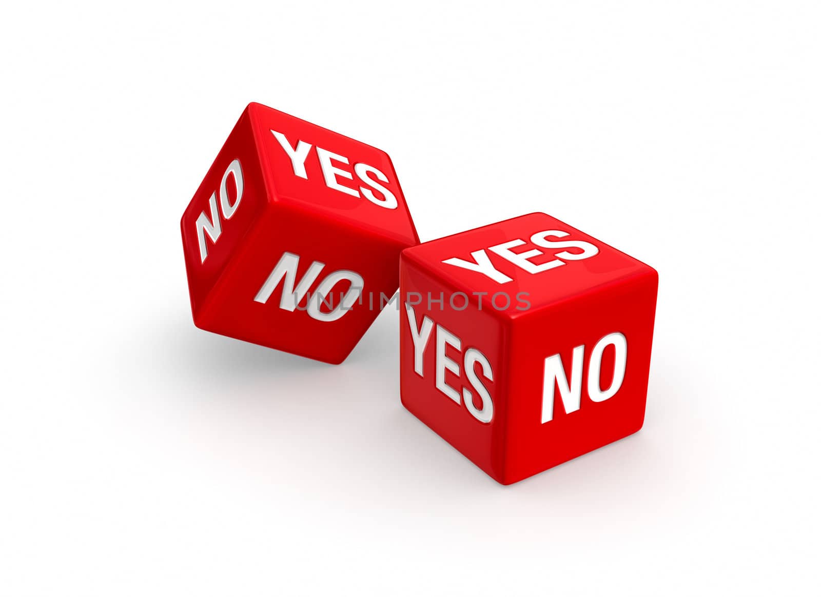 Photo-real illustration of Two red dice NO and YES embossed on all sides.  Isolated on white background.