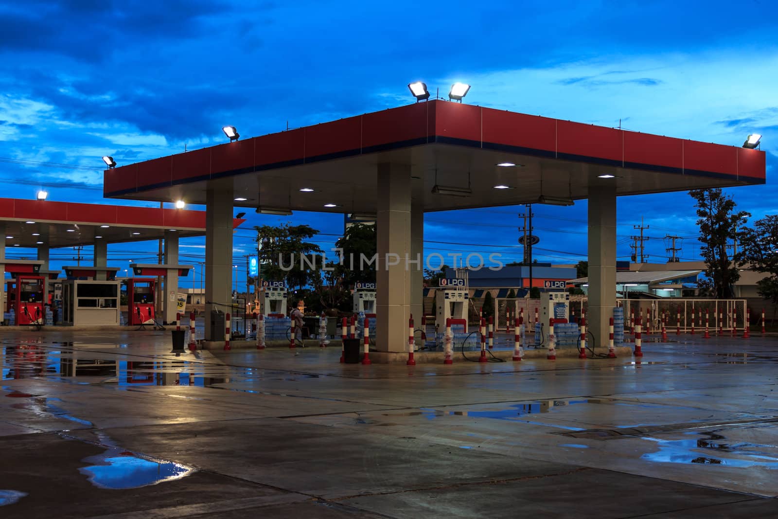 View of gas station in the evening.