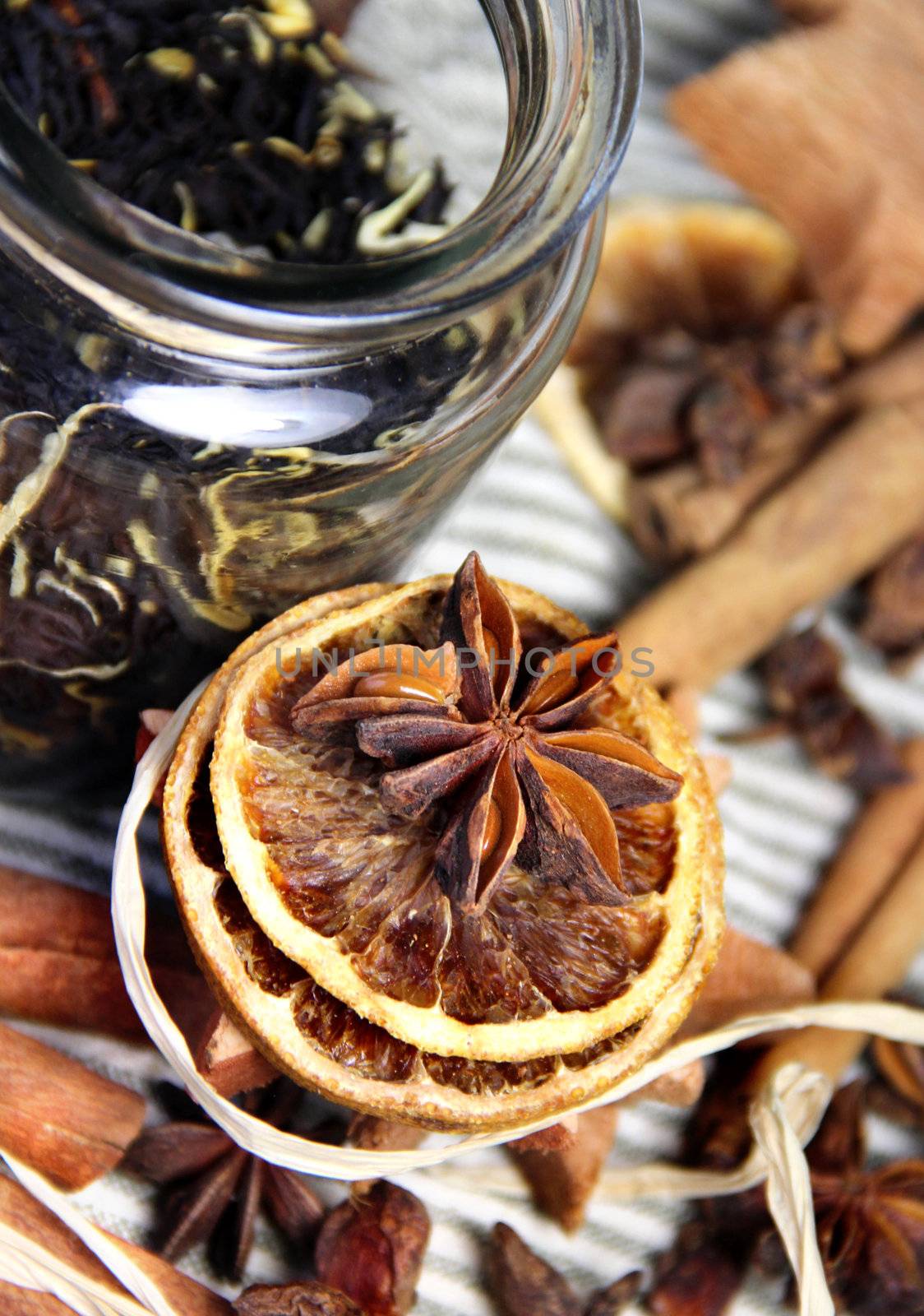 Tea, sticks and dry orange

