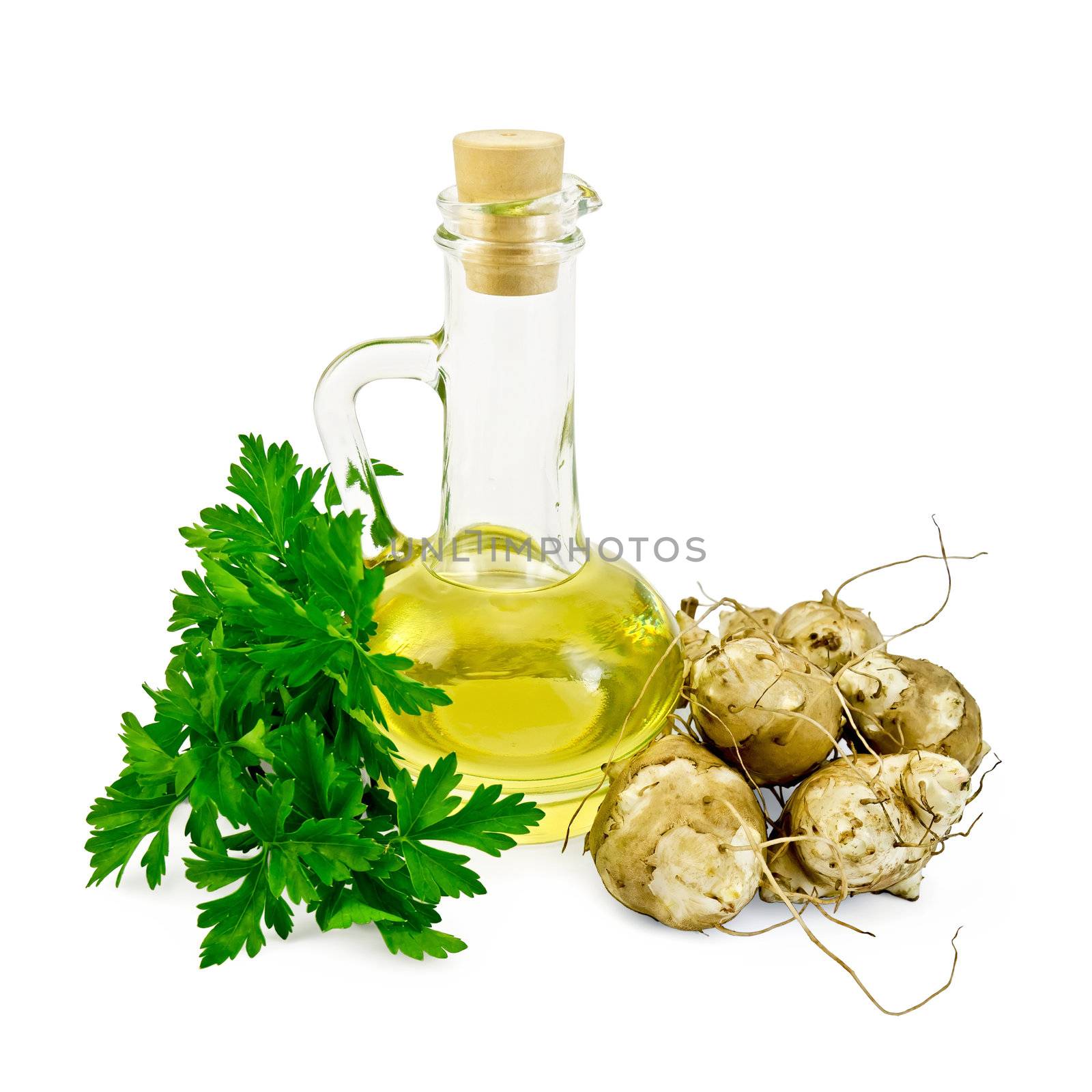 Several of tubers of Jerusalem artichoke with parsley and a bottle of vegetable oil isolated on white background
