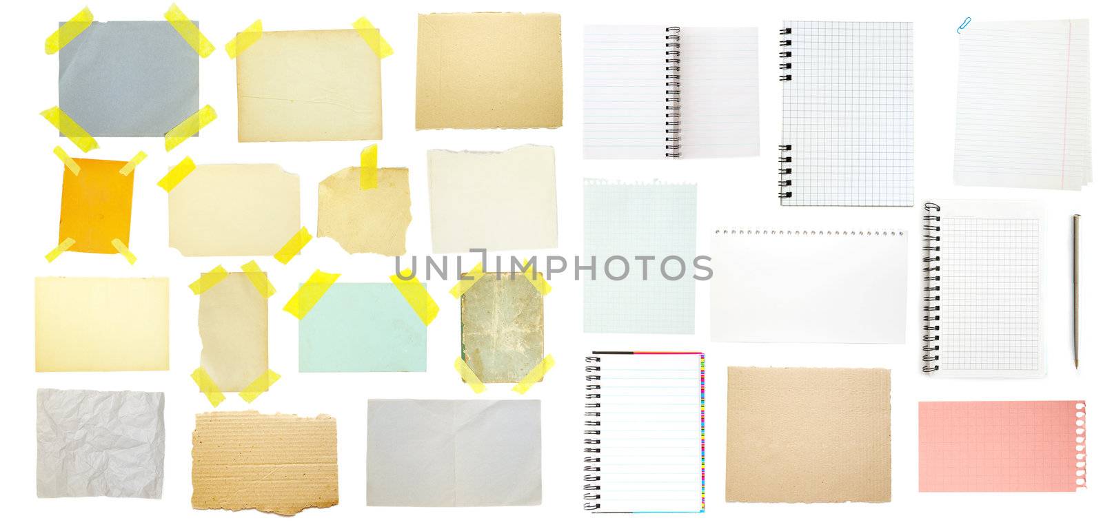 collection of old note paper on white background.