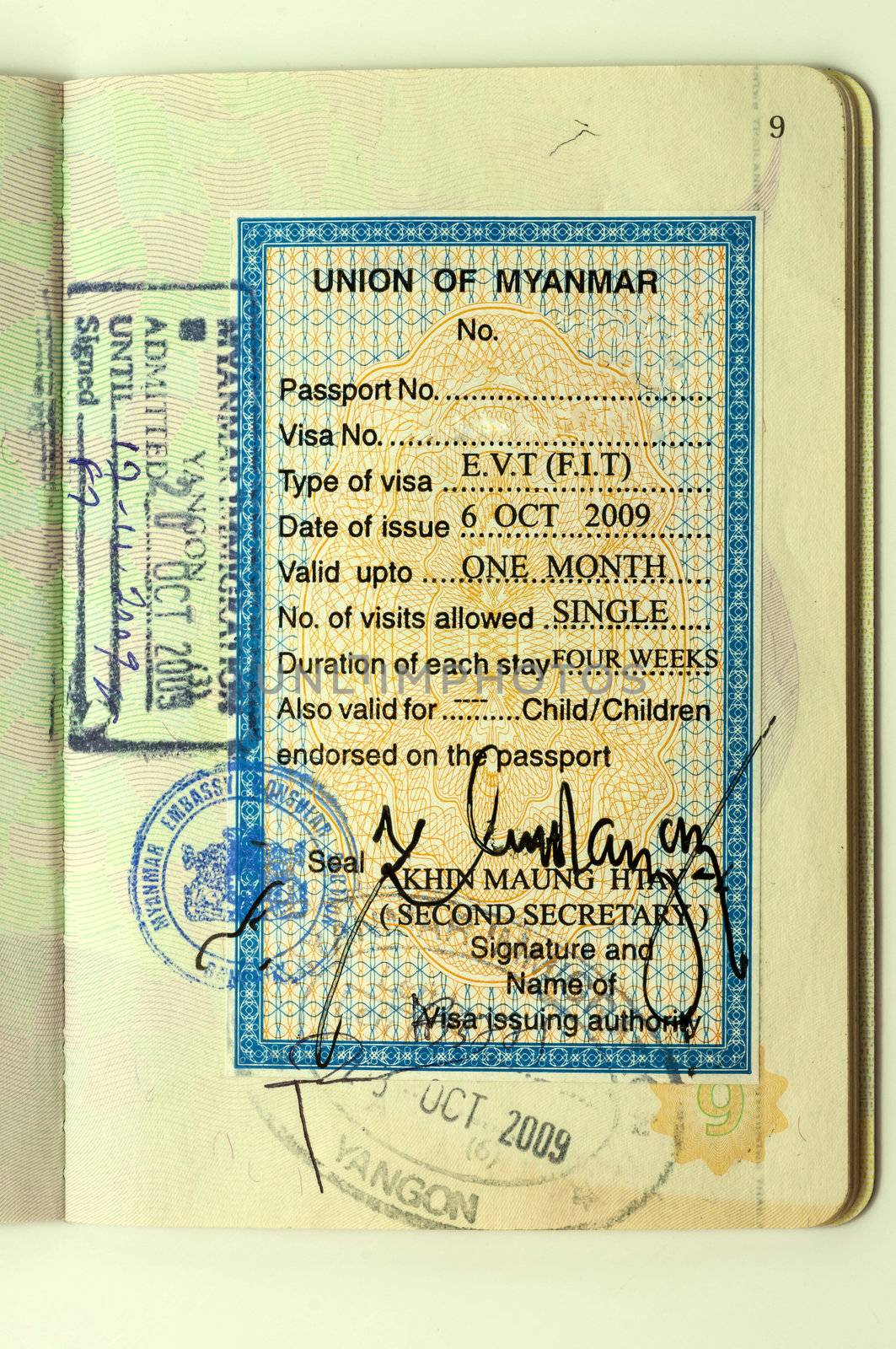 Stamped Myanmar or Burma visa