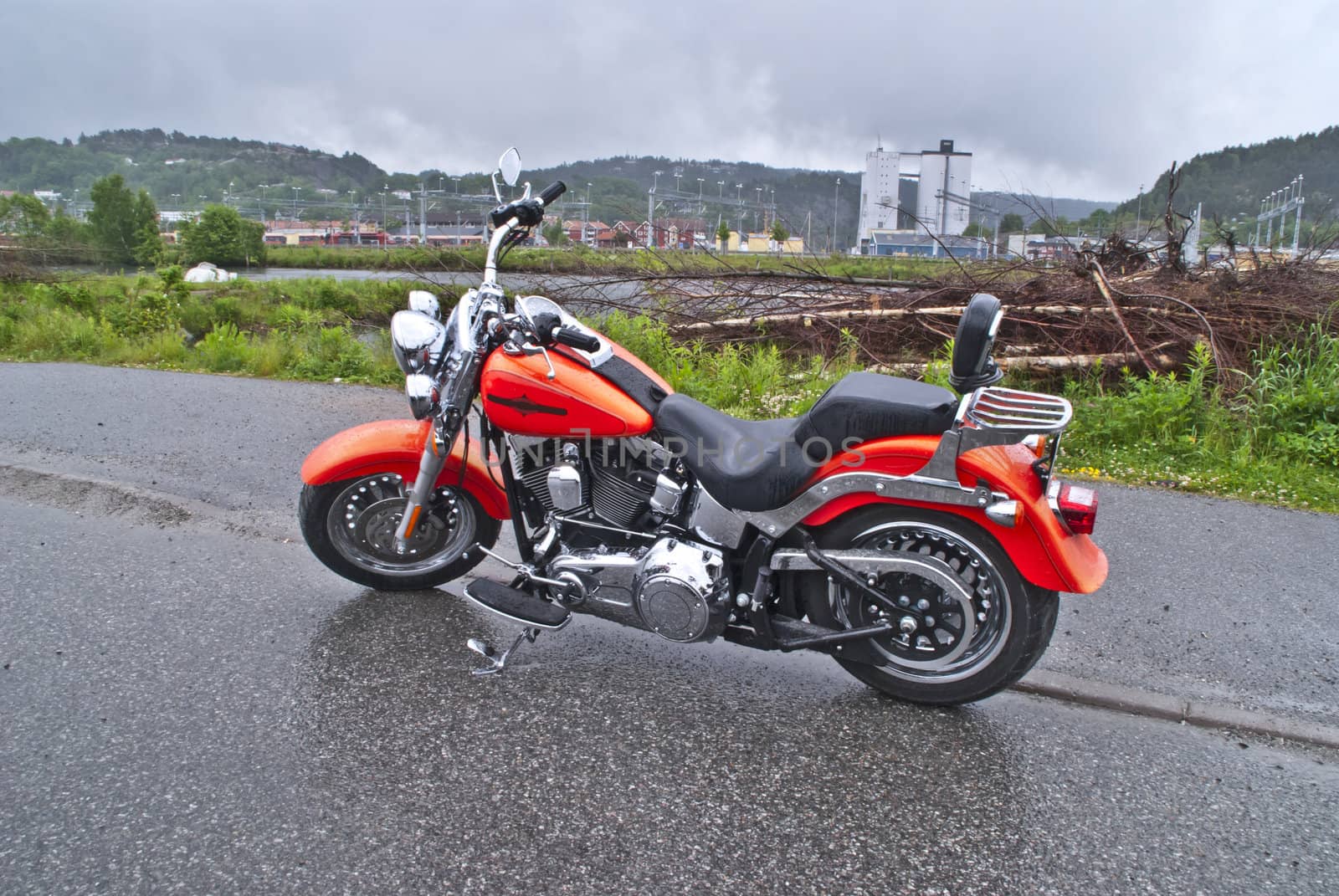 Harley Davidson parked near the Tista River in Halden city