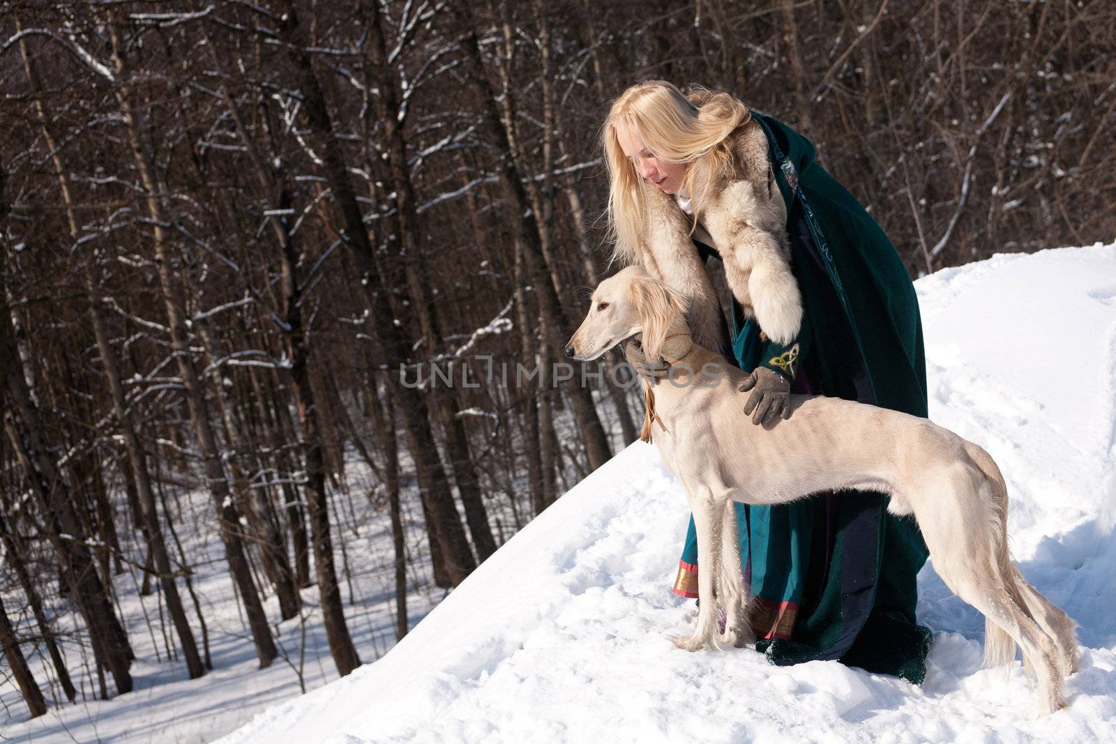 A blonde girl and a standing white saluki on snow
