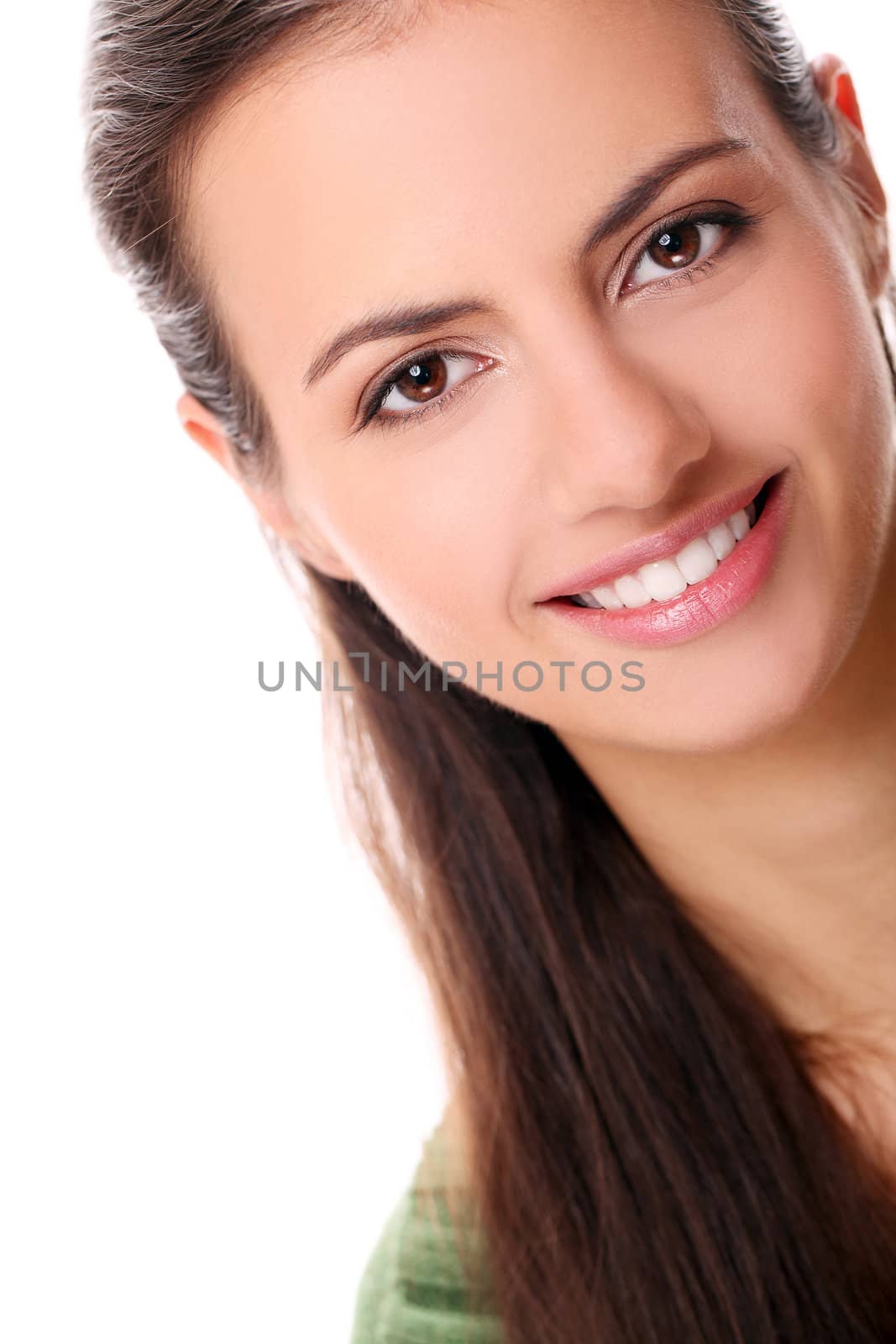 Portrait of beautiful woman with long hair isolated on a white