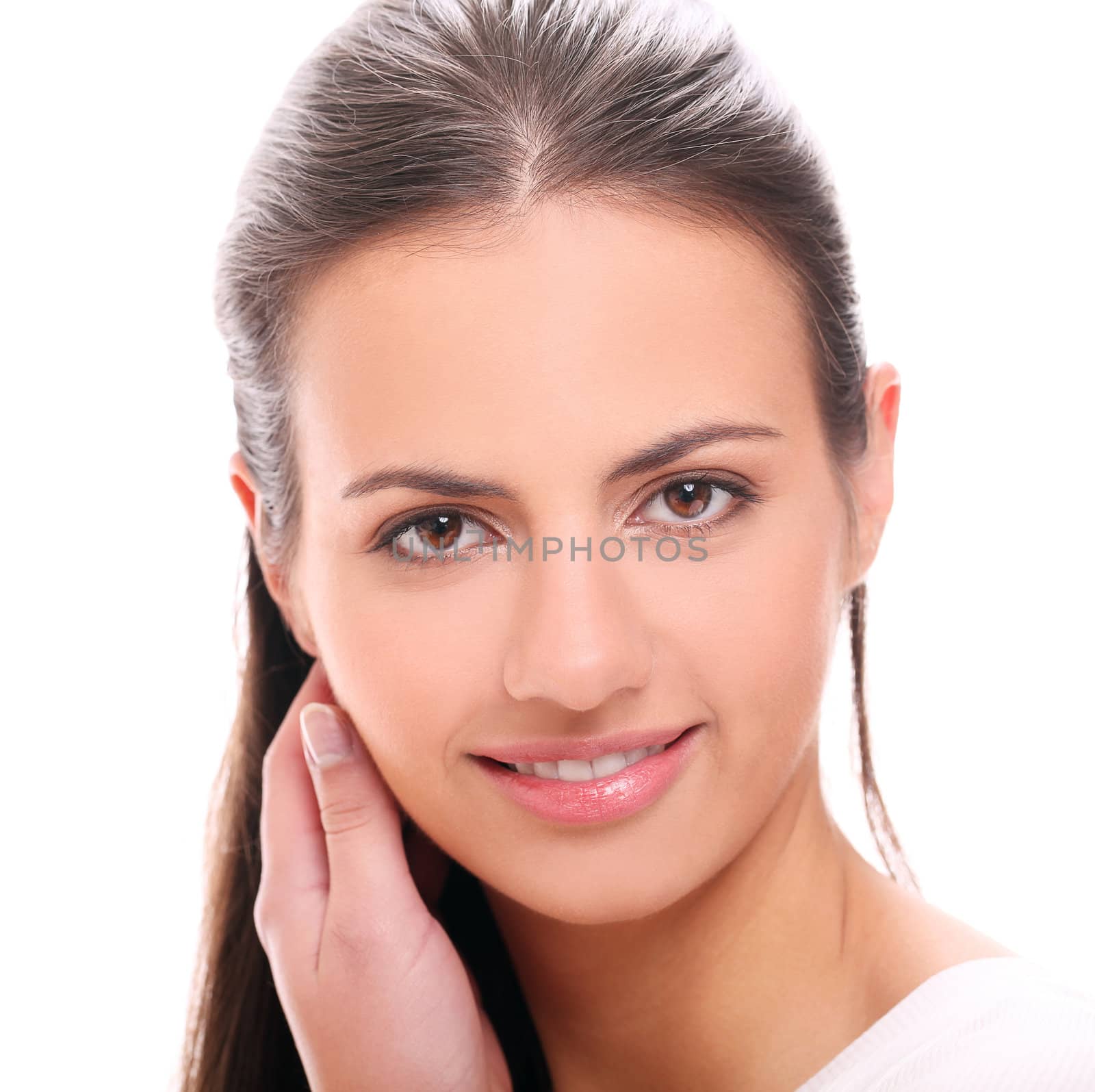 Portrait of beautiful woman with long hair isolated on a white