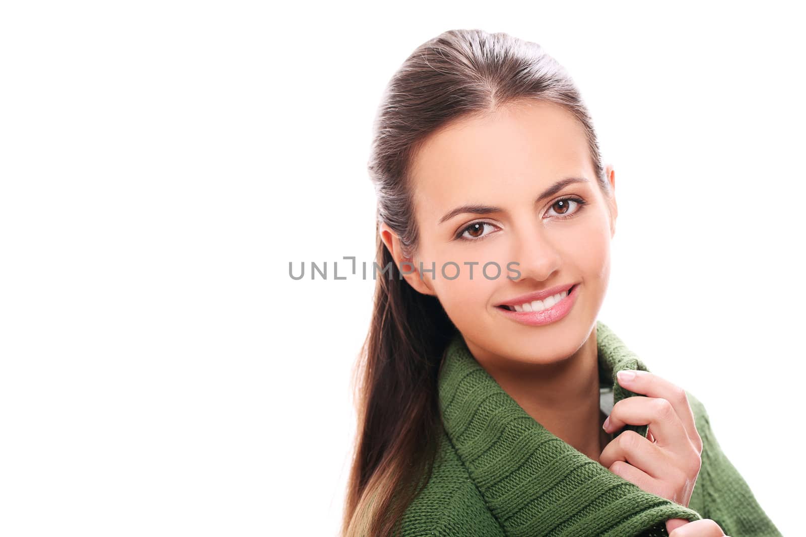 Portrait of beautiful woman with long hair isolated on a white