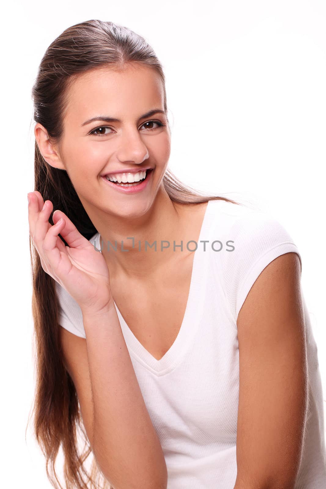 Portrait of attractive smiling woman isolated on a white