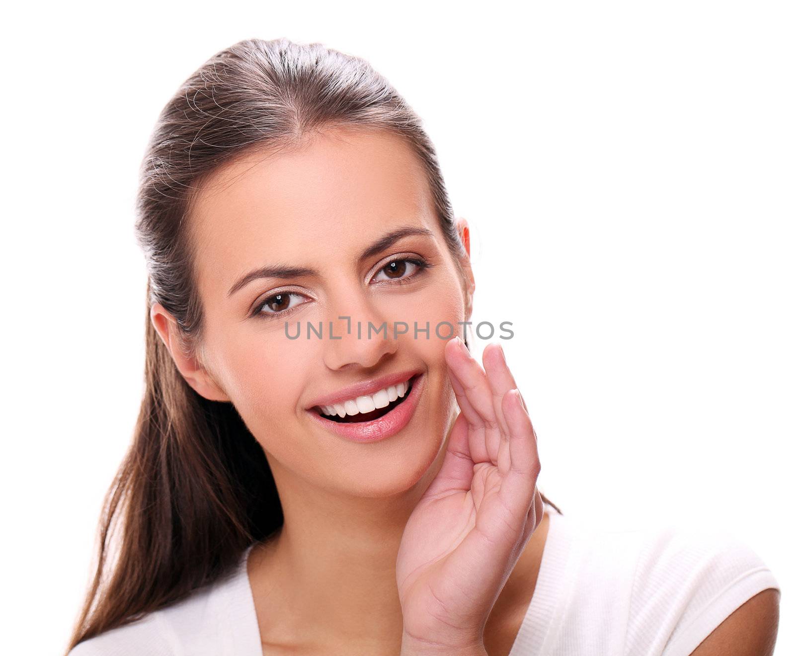 young smiling woman gesturing a verbal call against white background