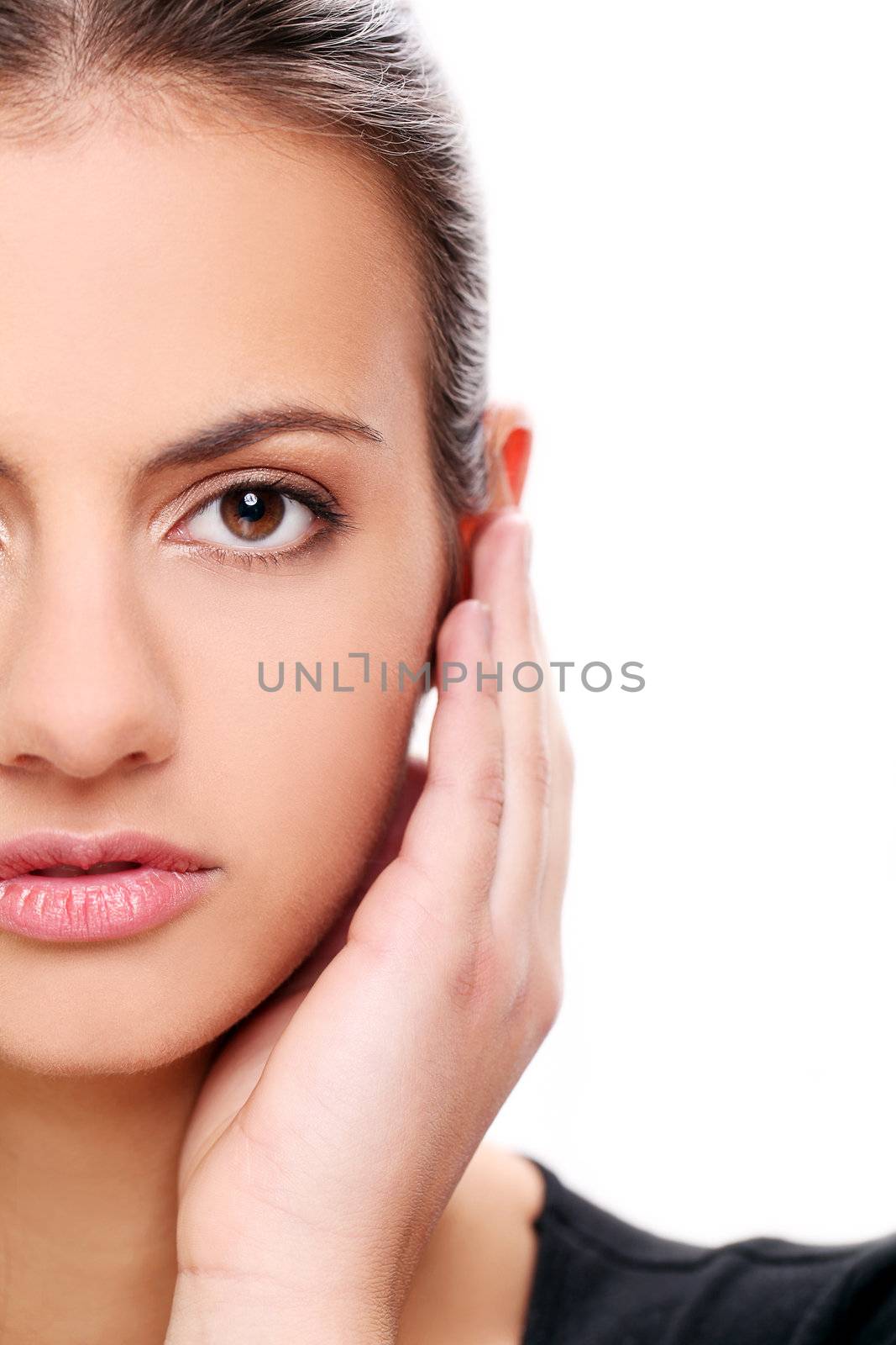 Half shot of beautiful woman face on a white background