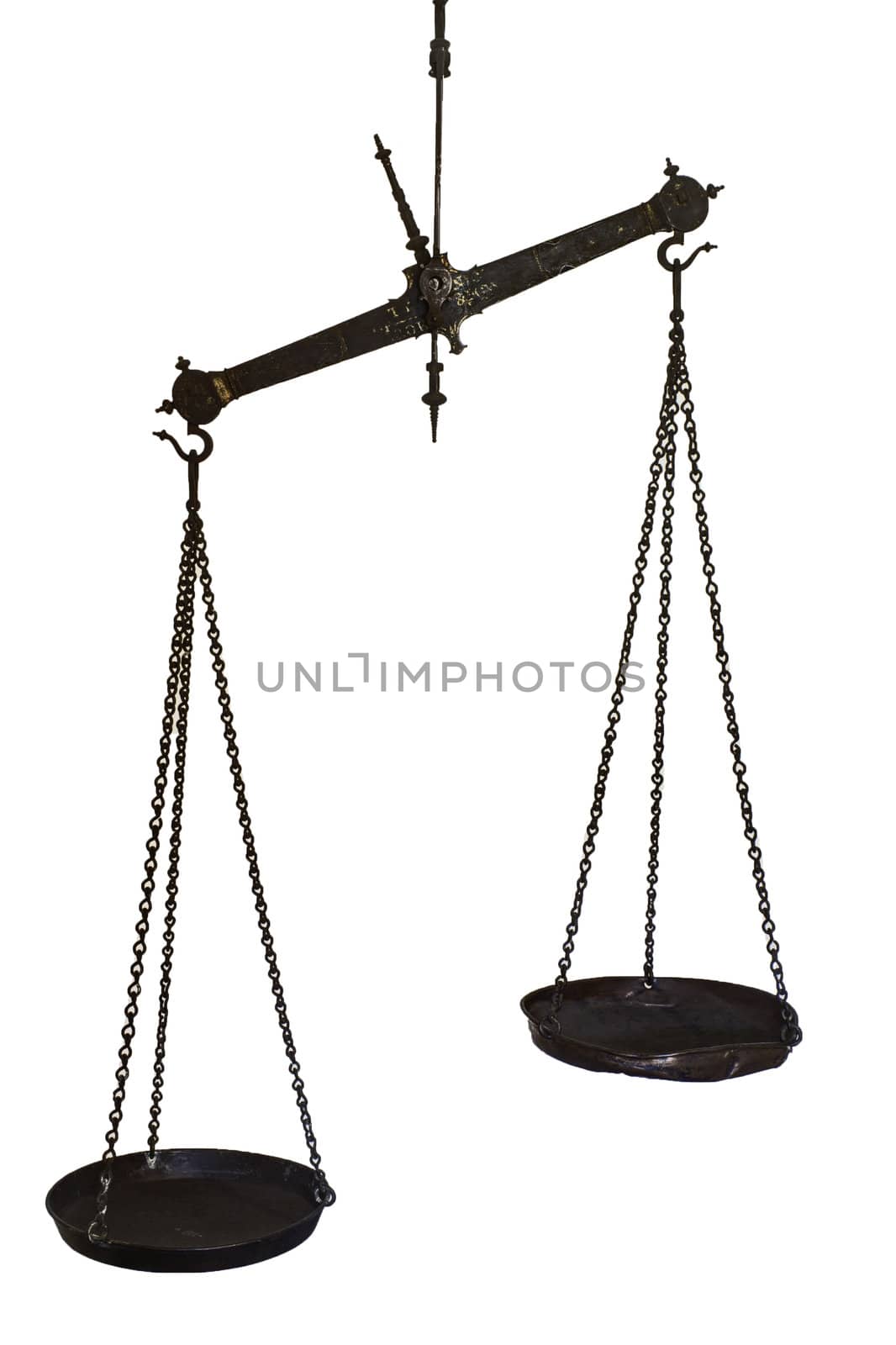 Set of hanging balance scales in black metal with a pointer to show once the pans are in equilibrium and the weights in each are equal