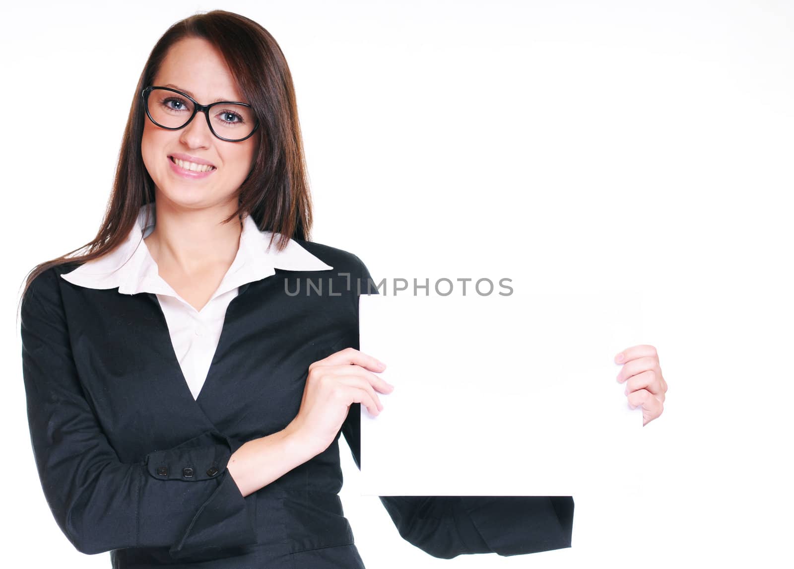 young assiastant with blank square