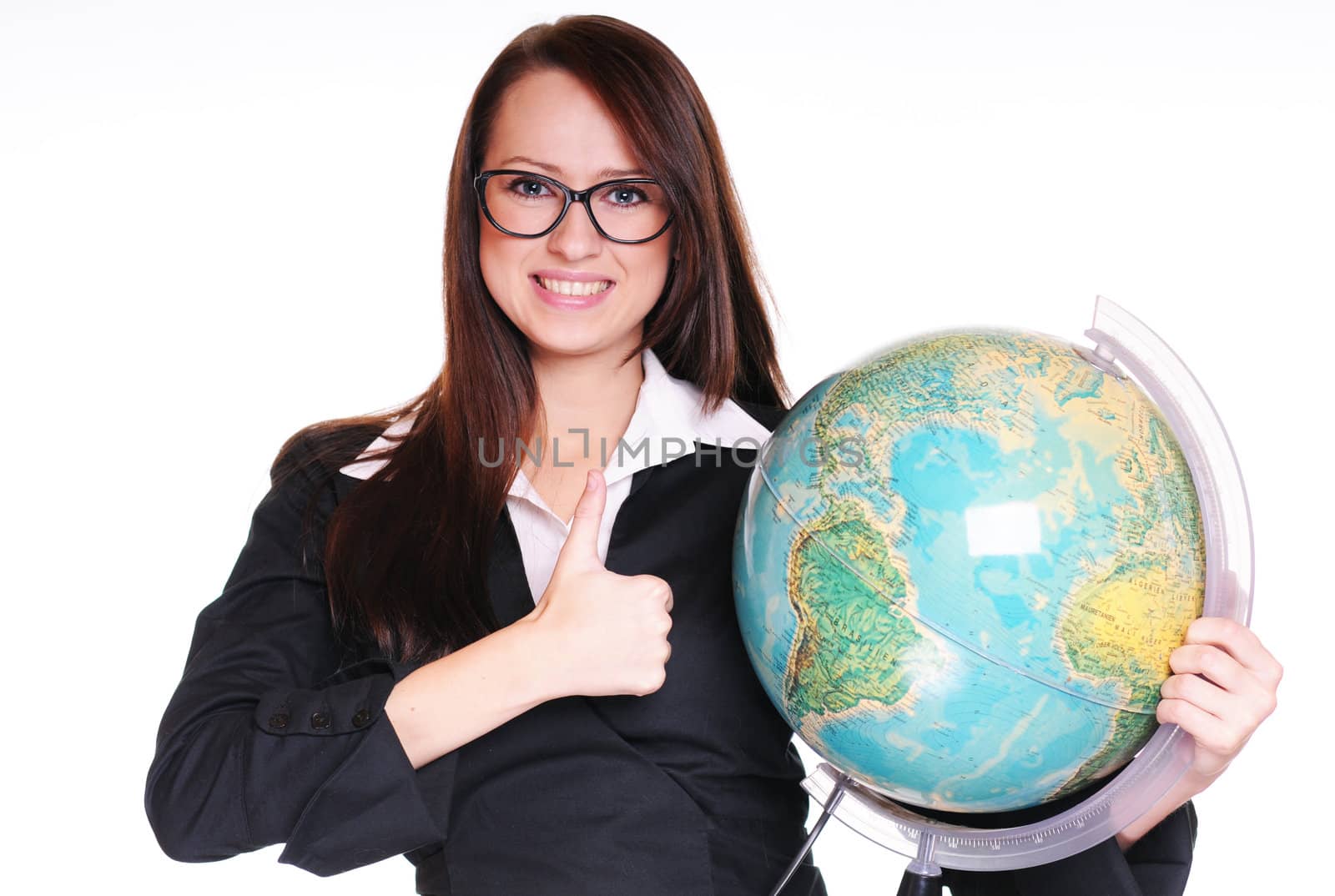 Pretty young teacher with globe over white background