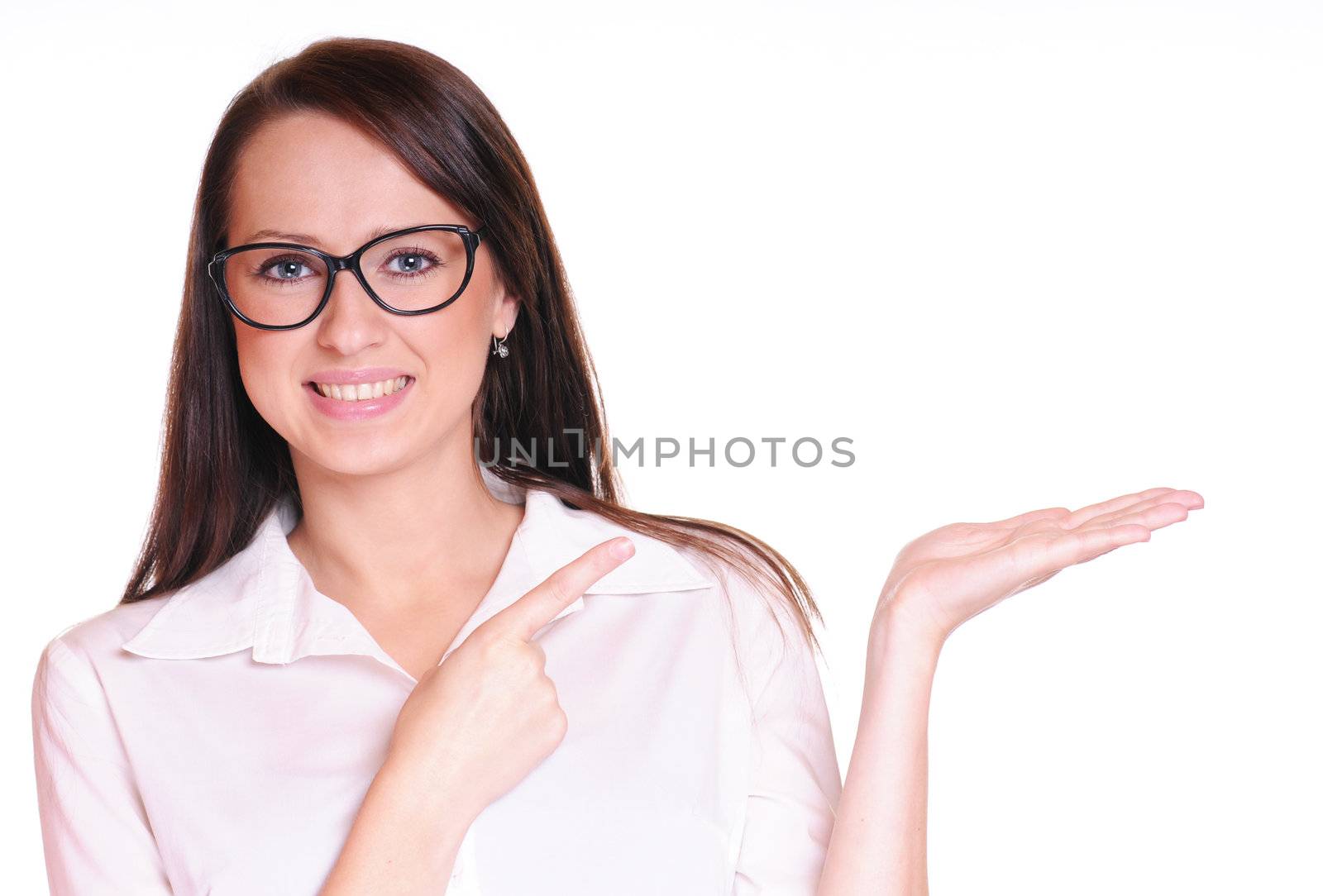 pretty woman in glasses pointing