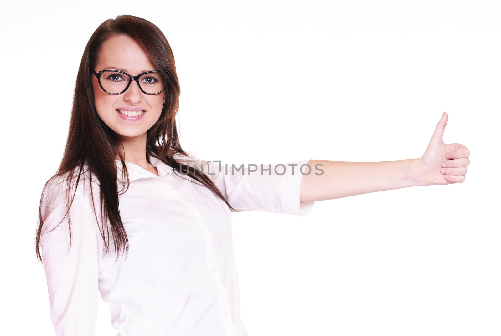Happy smiling business woman with thumb up gesture